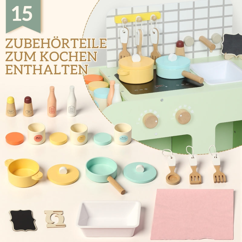 Children's Kitchen Playset with 15 Accessories and Storage Cabinets, Green MDF