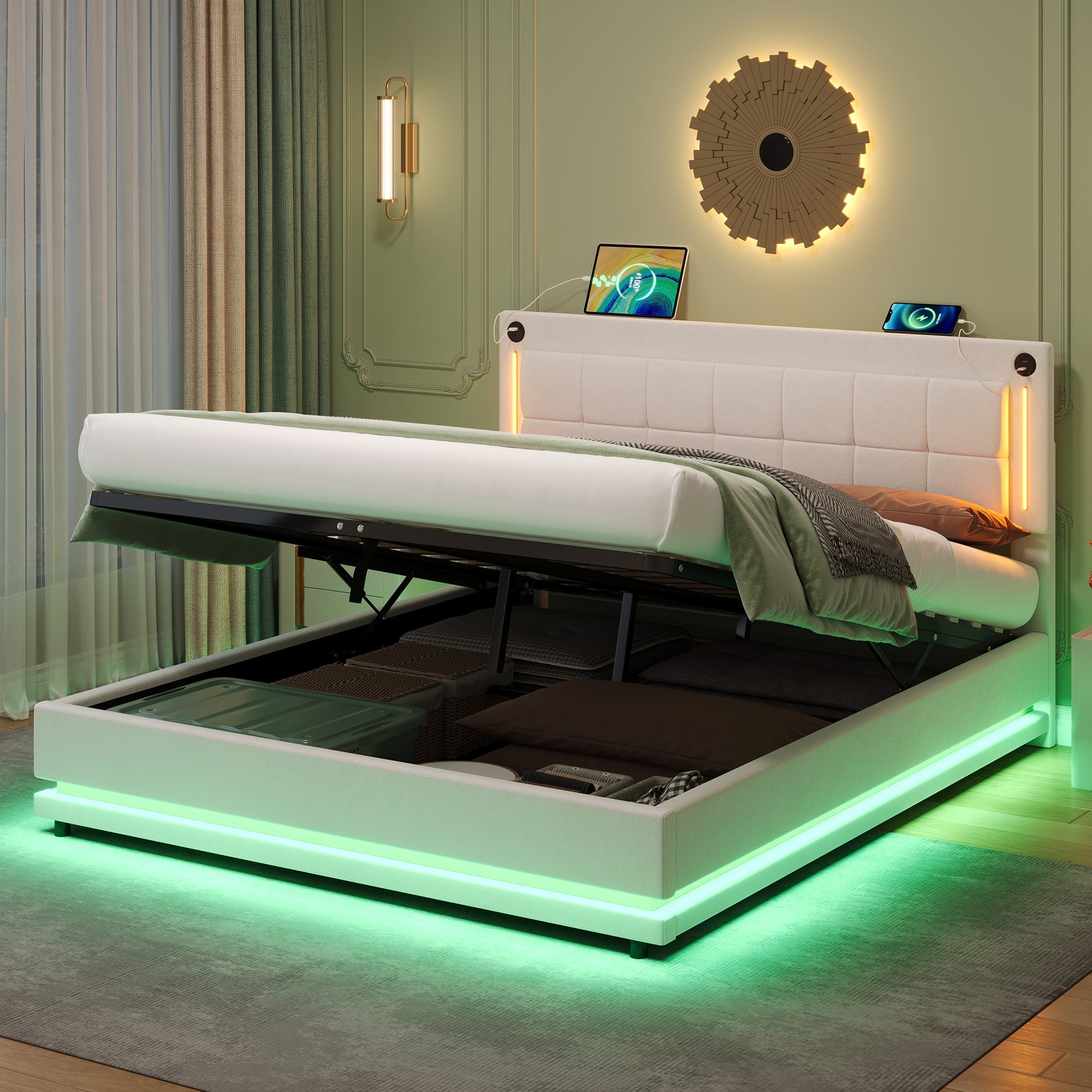 5ft King LED Hydraulic Bed with Charging Station, Adjustable Square Tufted Headboard with Intelligent Control Light, Soft Velvet Bed Frame with USB and Type-C Ports, Beige
