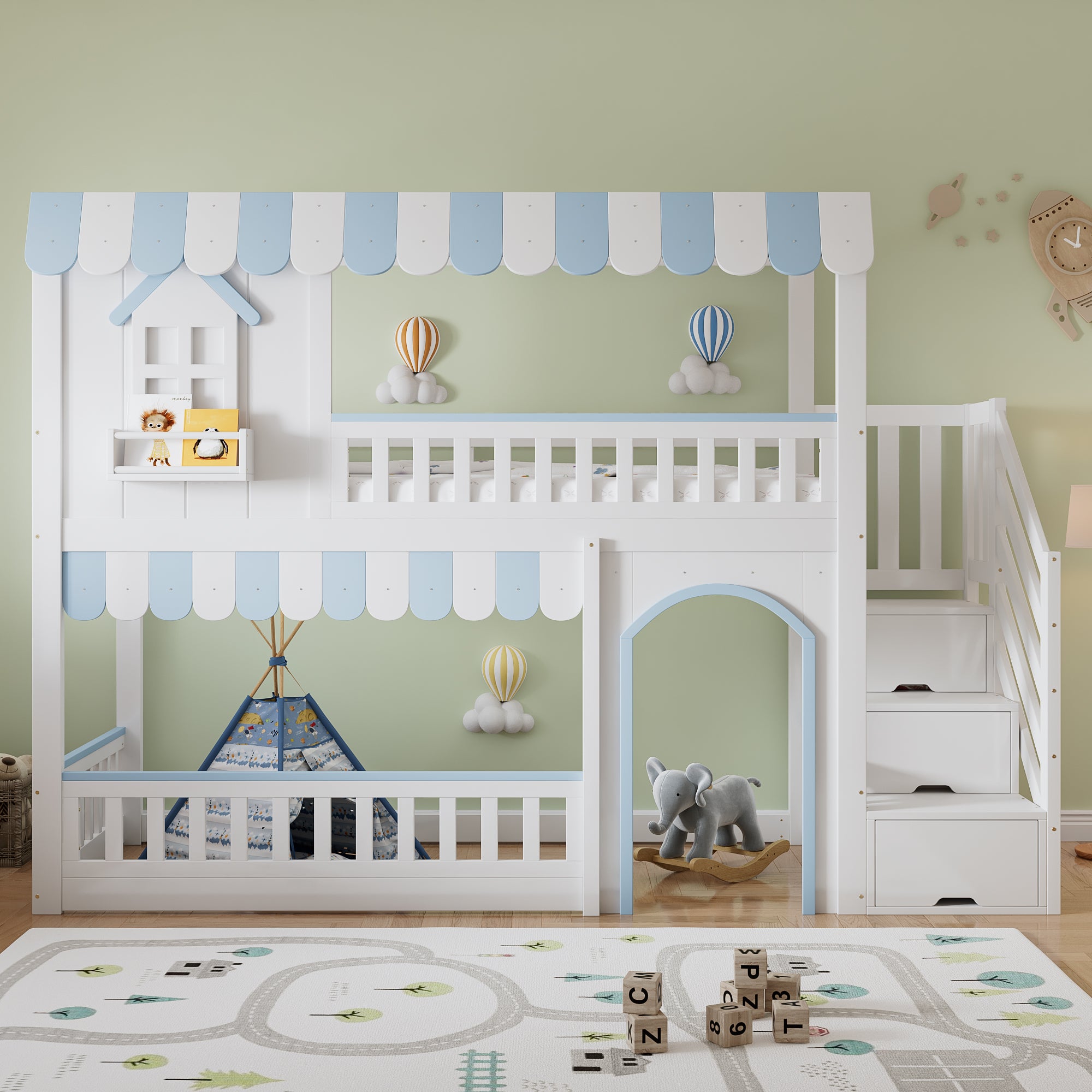 Bunk Bed with Staircase Storage and Decorative Windows, 90x200cm, White and Blue Pine + MDF + Plywood