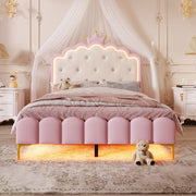 Upholstered Bed 140x200cm Princess Shape Ambient Light PU Pink