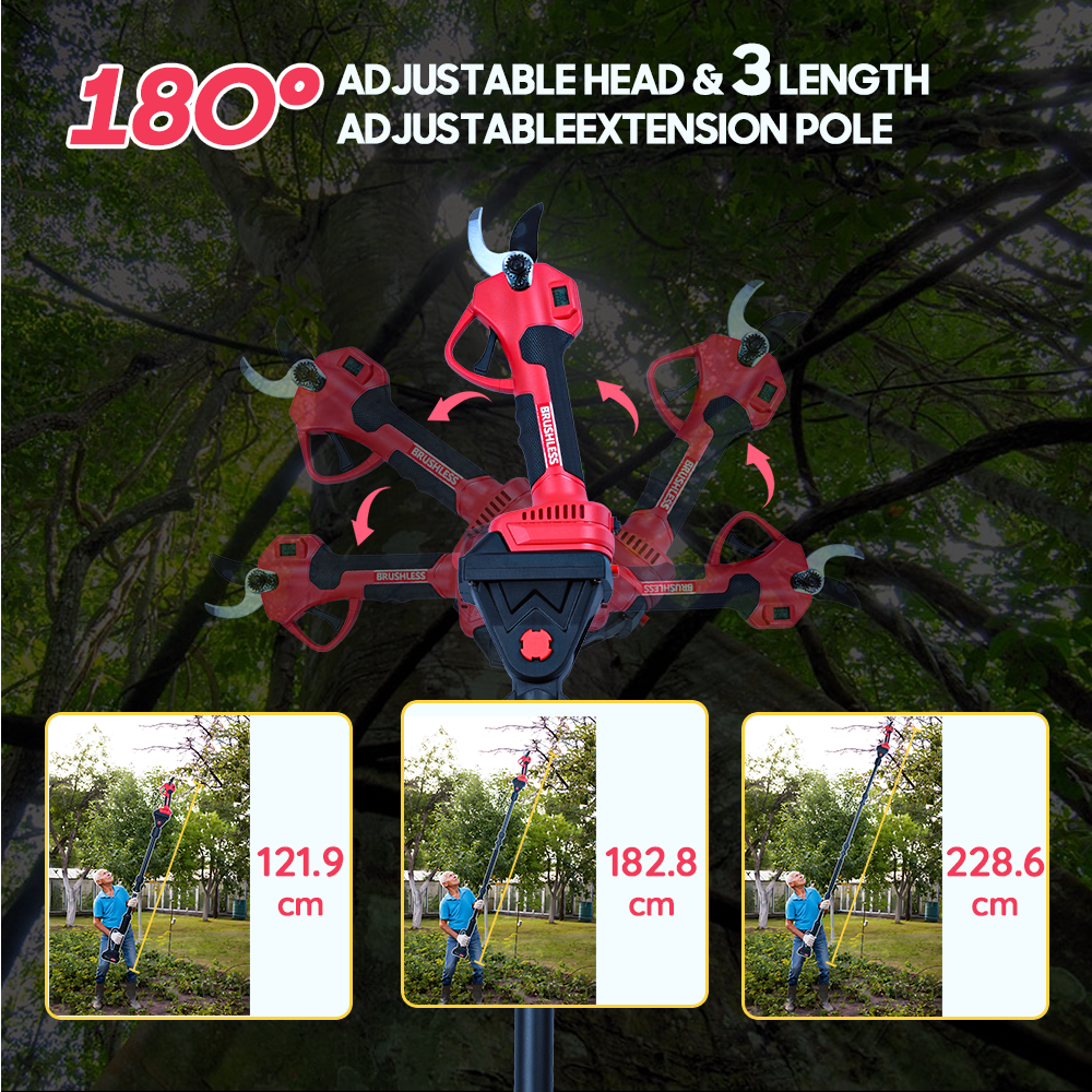 Electric Pruning Shears 3000 lbs, 3 Modes (15/20/25 mm), 228.6 cm Telescopic Pole, 2x2000mAh Battery, 300W Motor