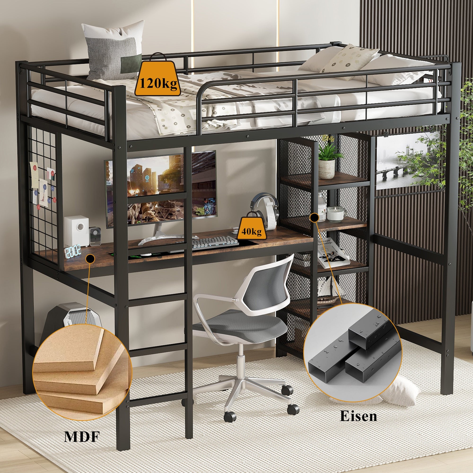Loft Bed 90x200cm with Table and Shelving Unit, Iron/MDF Black/Dark Wood