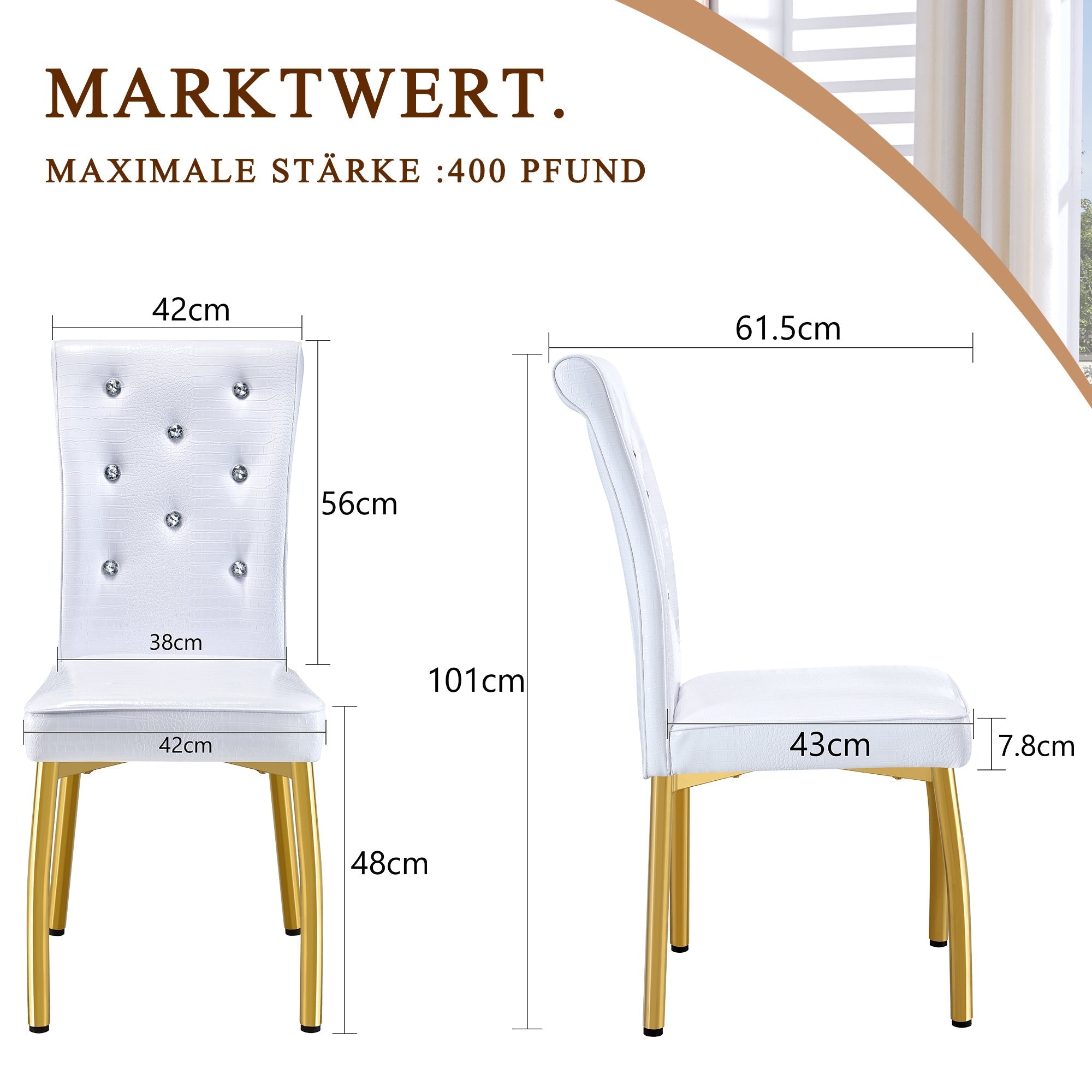 Set of 2 Dining Chairs Retro Alligator-Skin Crystal Buckle Gold Legs - Faux Leather
