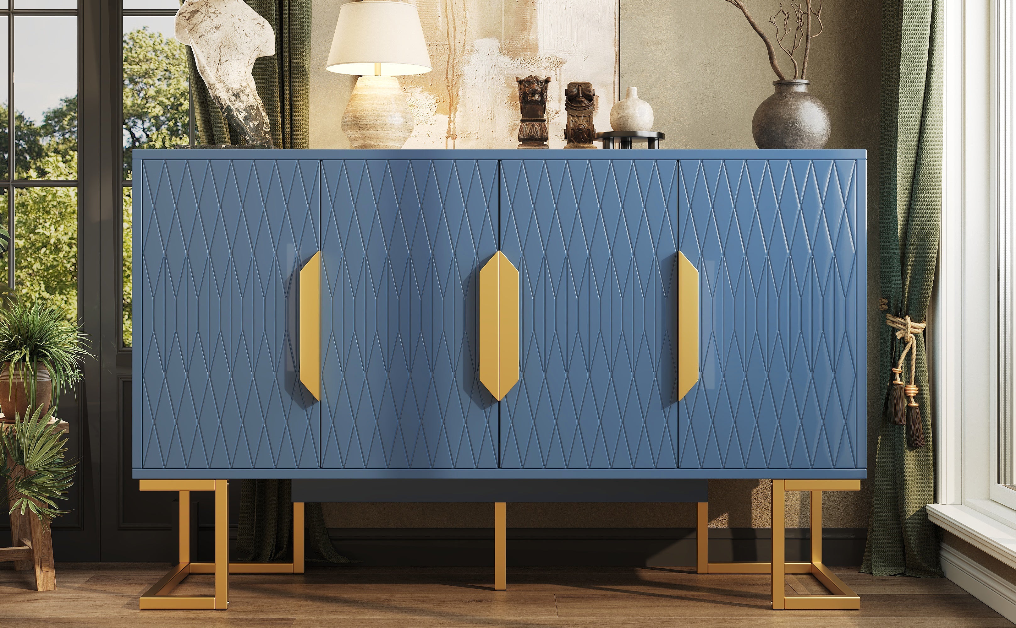 Modern Side Cabinet 140x80cm 4 Doors Adjustable Shelves - Blue/Black