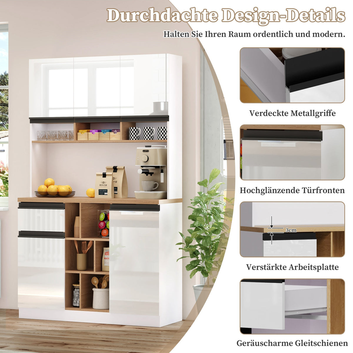 Modern Kitchen Cabinet with Drawers Adjustable Shelves Open Storage - White