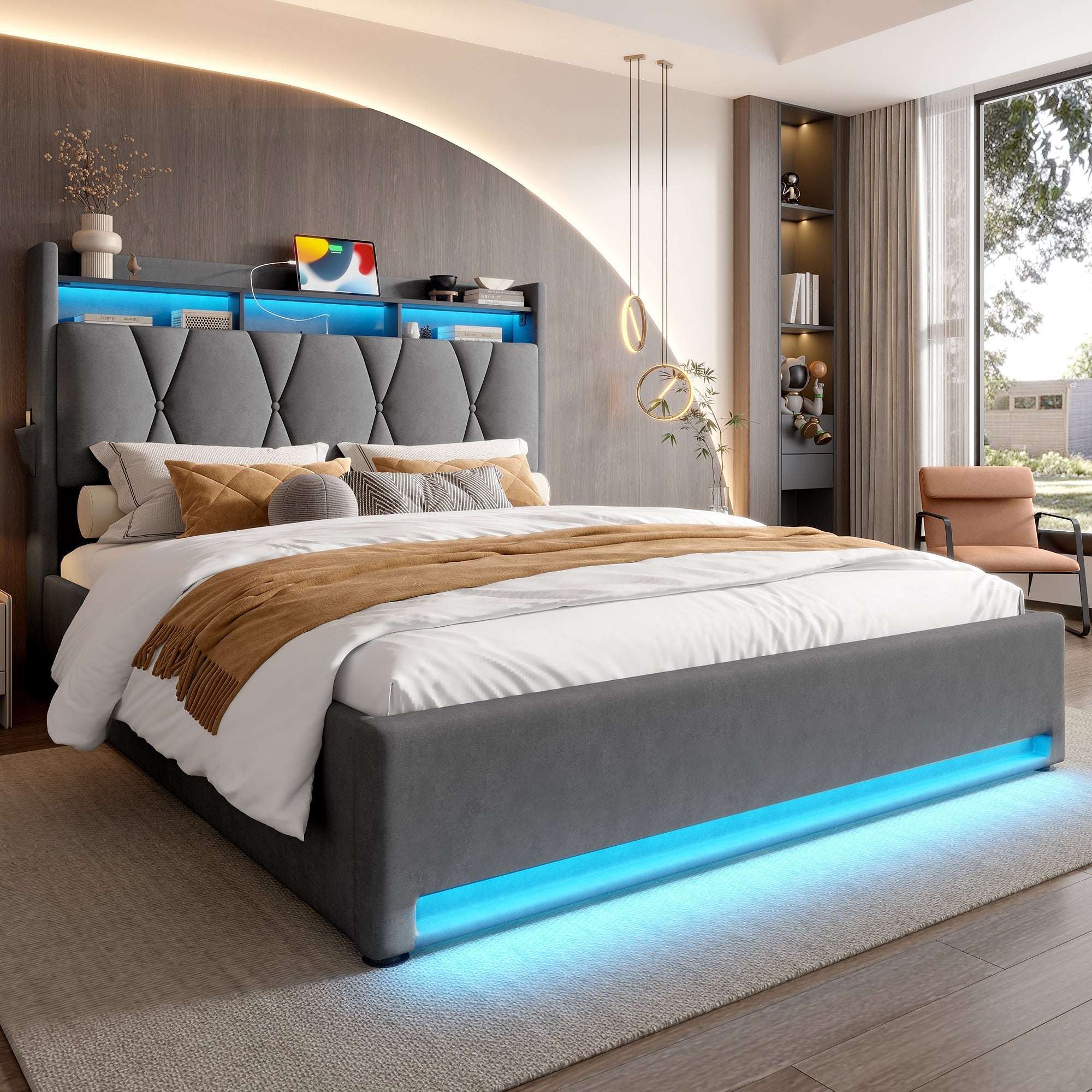 Upholstered Bed Frame 140x200cm, LED, USB-C Charging, Hydraulic Storage Headboard, Grey