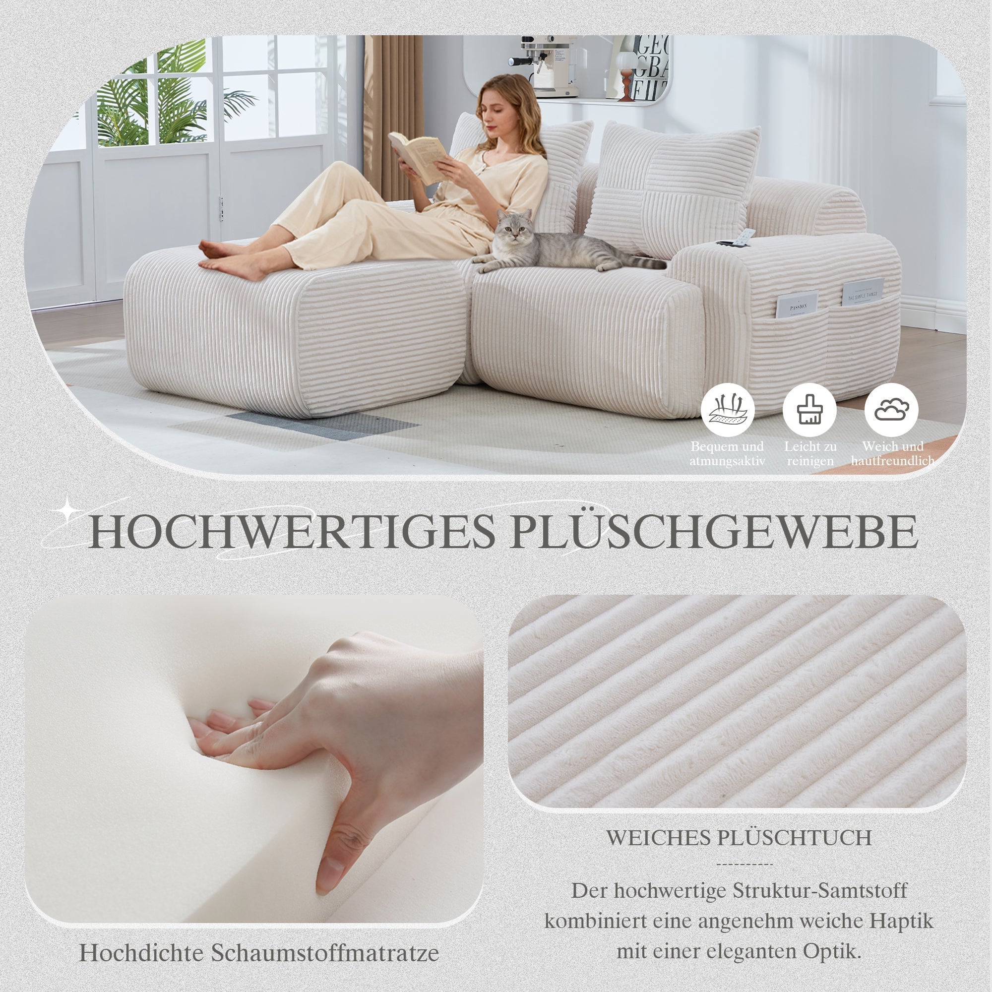 Modular Corduroy Sofa for 2 People with Ottomans, Cup Holder and Side Pocket, Beige