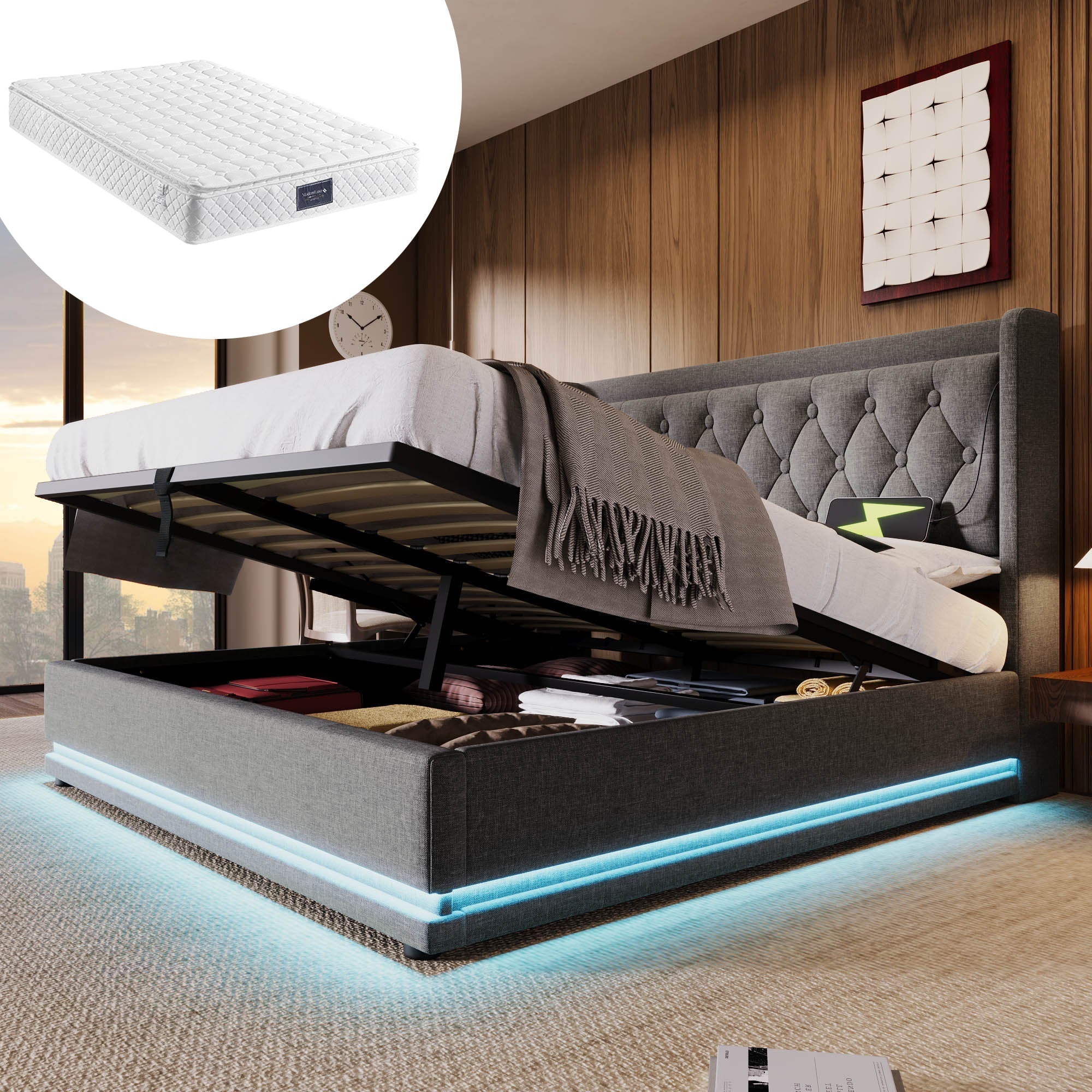 Upholstered Bed, Double with Hydraulic Storage & LED, Gray Cotton