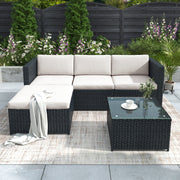 Polyrattan Lounge Sofa Set with Cushions and Glass Top Table, Black
