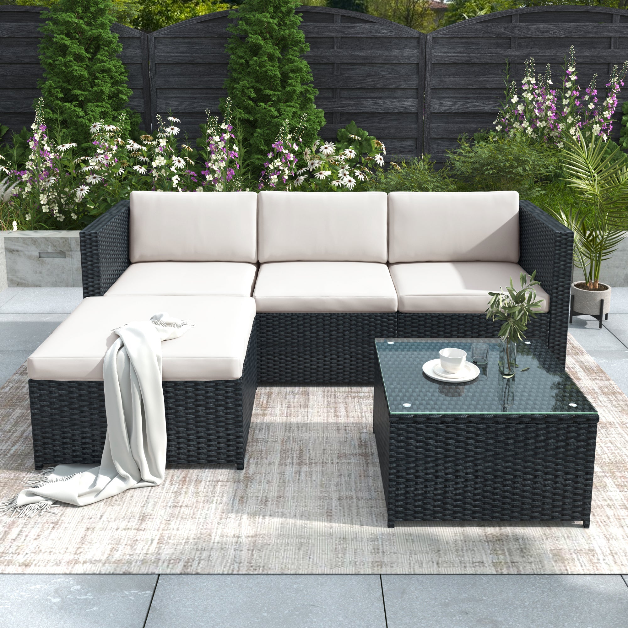 Polyrattan Lounge Sofa Set with Cushions and Glass Top Table, Black
