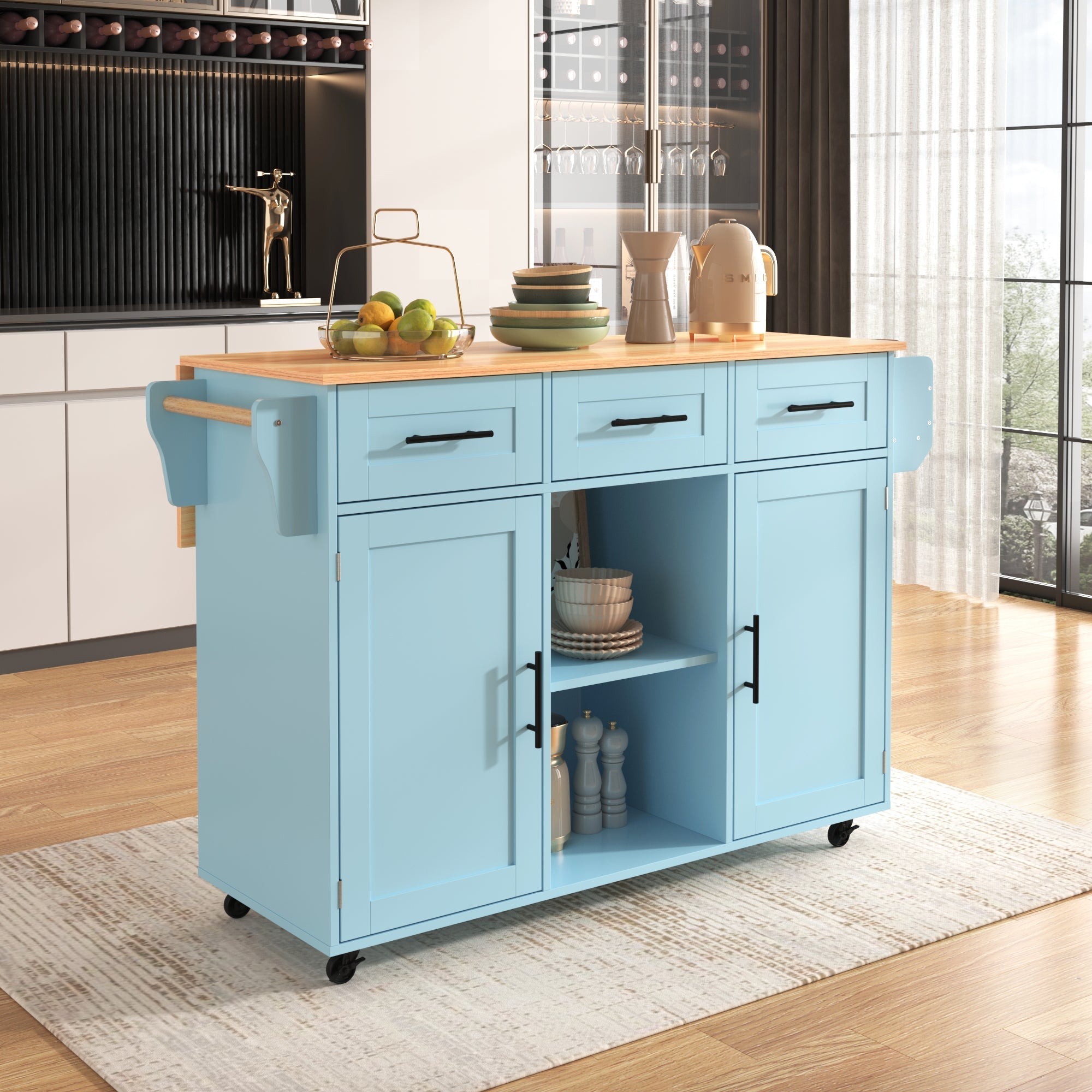 Dining Trolley Sideboard Extendable Fold-Down Worktop Storage Casters Blue/Solid Wood Grain