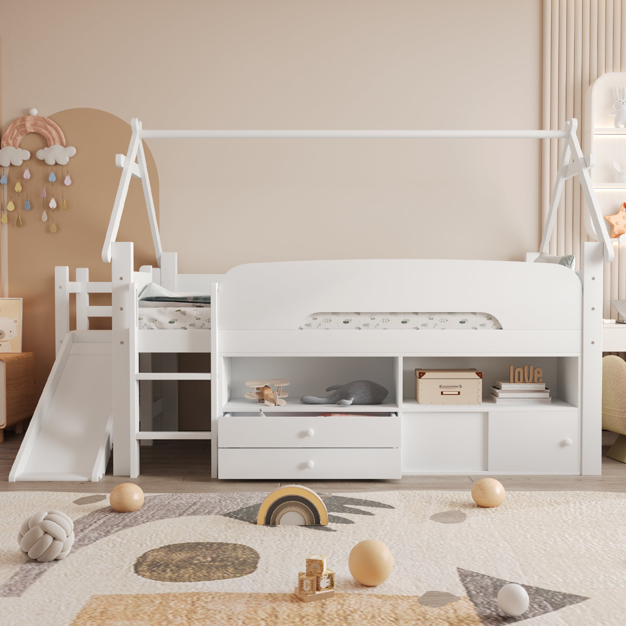 Children's Loft Bed with Roof Frame, Slide, and Storage, White Solid Wood