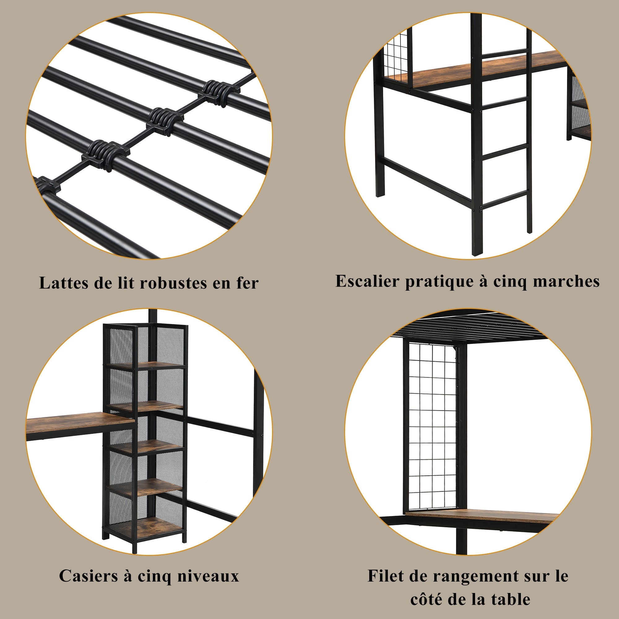 Loft Bed 90x200cm with Table and Shelving Unit, Iron/MDF Black/Dark Wood