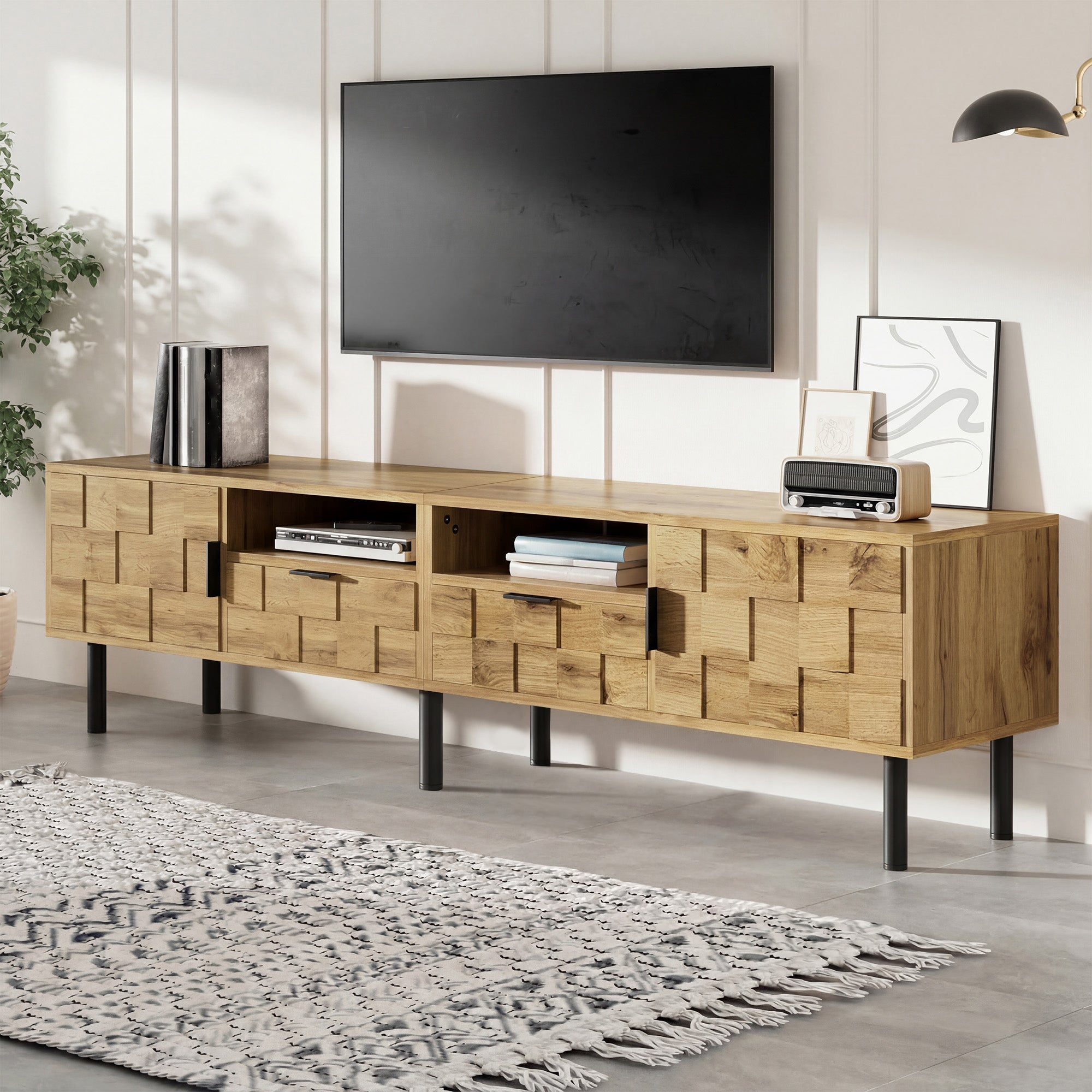 Mosaic TV Cabinet with 2 Doors, 2 Drawers and 2 Open Shelves, Wood Look Chipboard and Metal