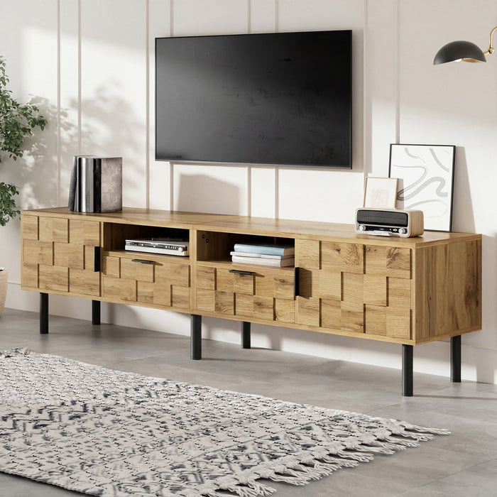 Mosaic TV Cabinet with 2 Doors, 2 Drawers and 2 Open Shelves, Wood Look Chipboard and Metal
