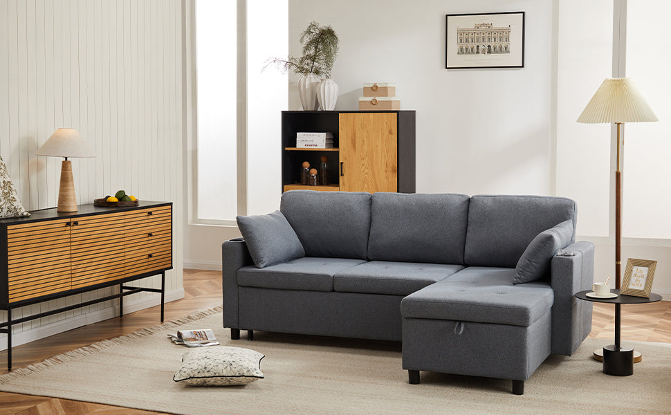 Sofa Bed L-Shaped Pull Out Sofa with Storage, Grey