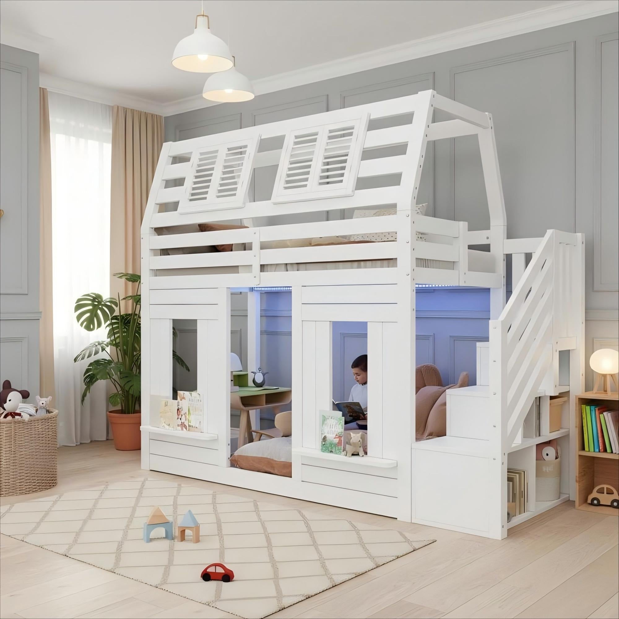 Bunk Bed with LED, Fall Protection and Storage Stairs, 90x200cm, White Wooden House Design