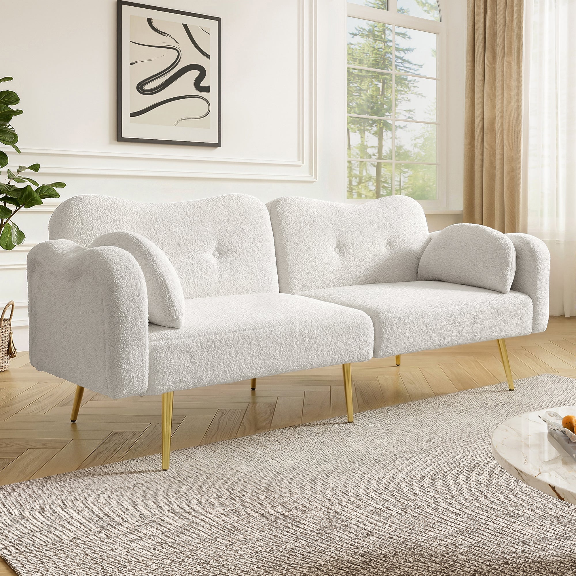 Two-Seater Sofa Bed Adjustable Backrest Gold Metal Feet