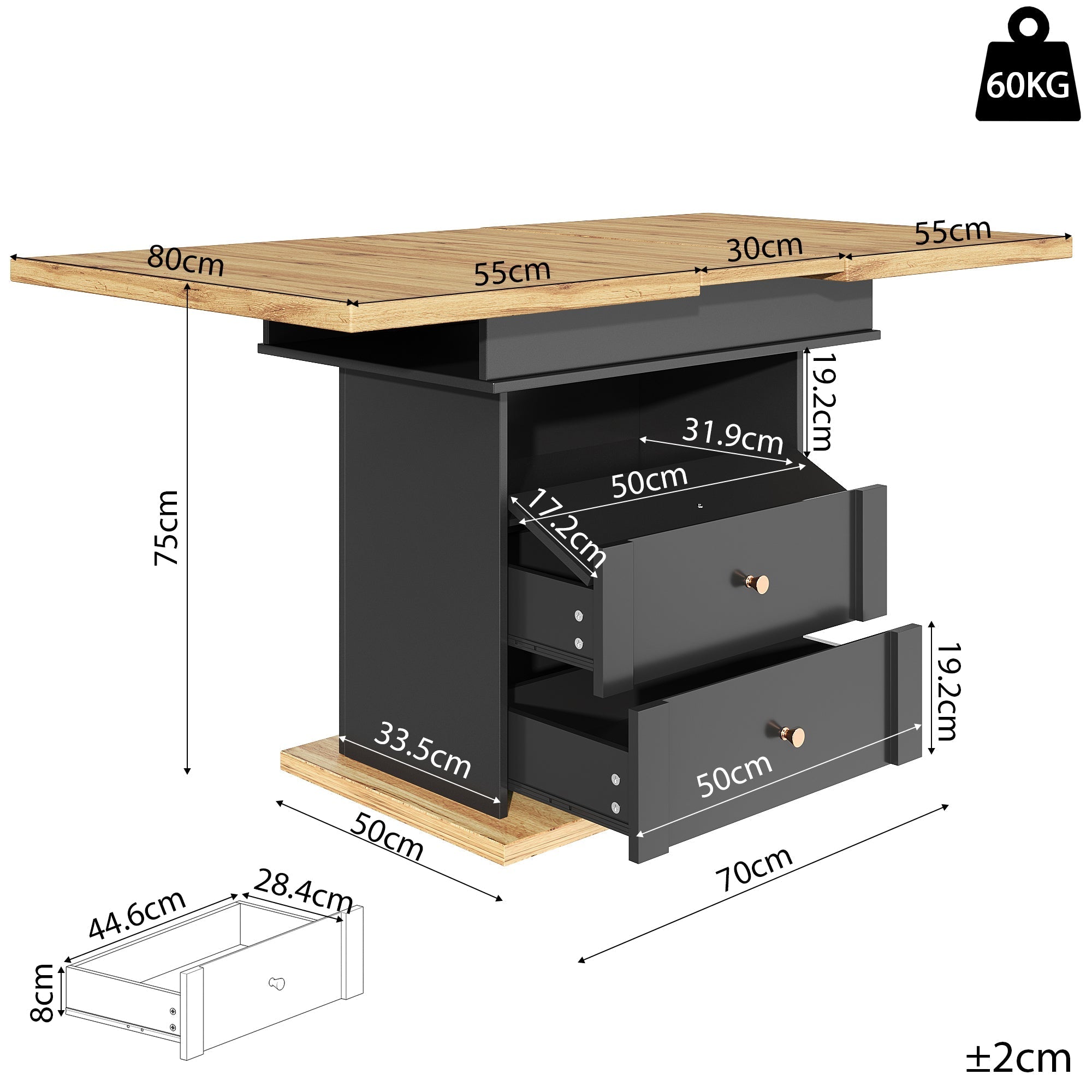 Telescopic Dining Table 110-140x80cm Foldable Extendable 4-6 Seater, Black