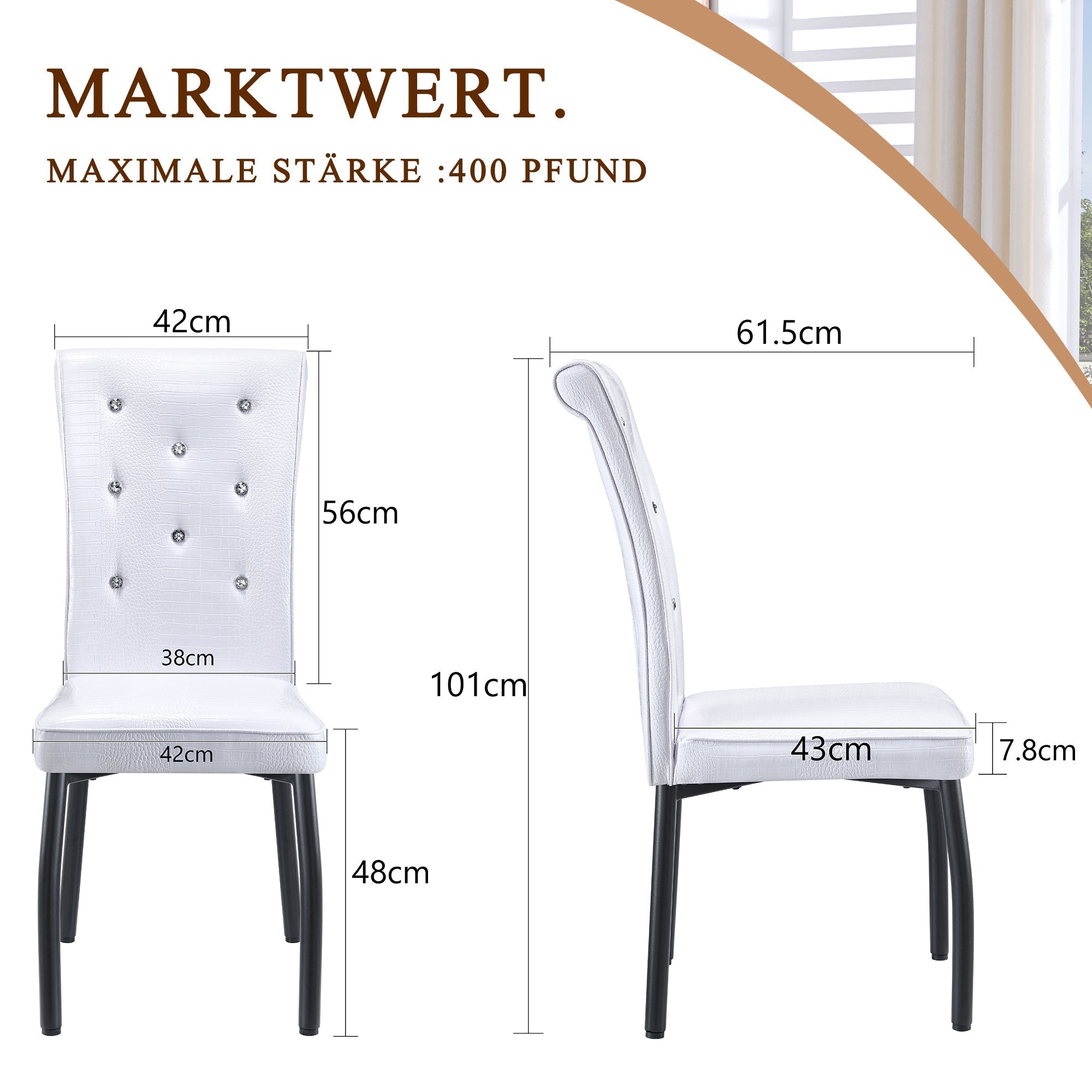 Set of 2 Dining Seats Soft Retro Crocodile Pattern Crystal Clasps White and Black Faux Leather