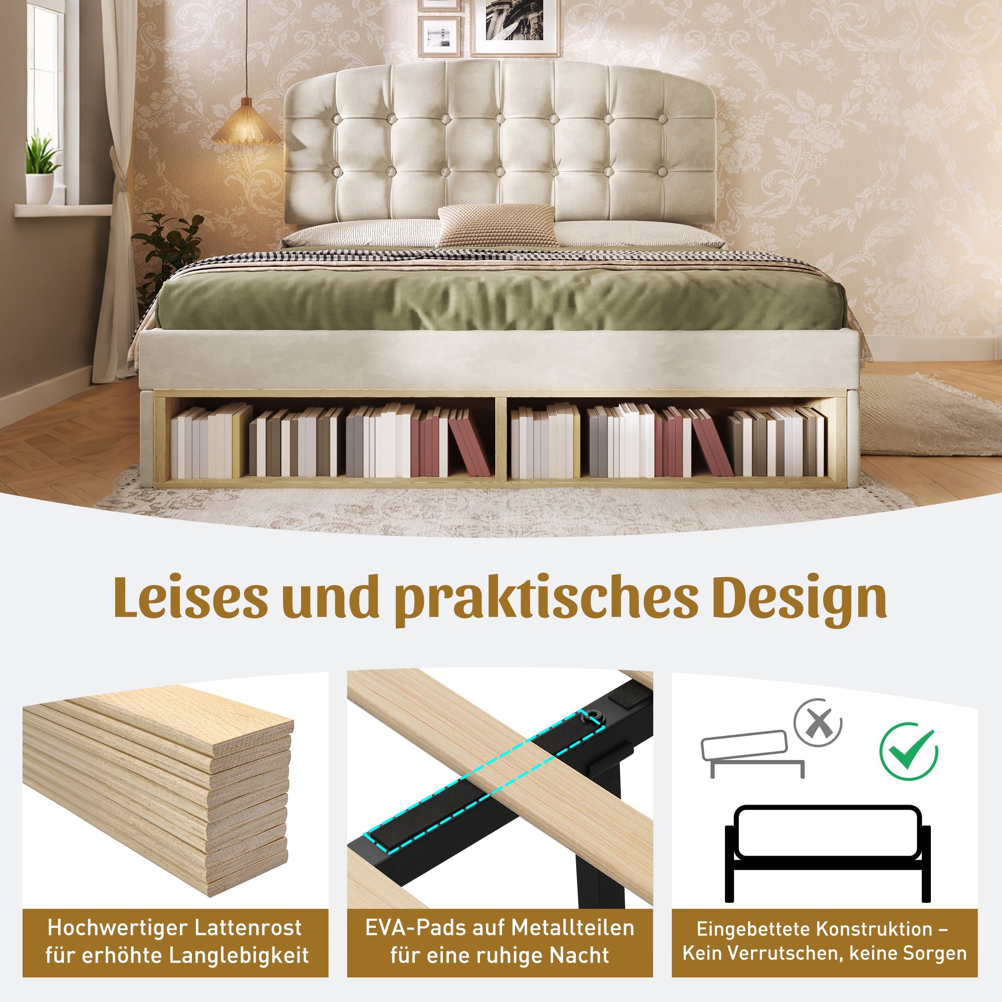 Double Bed with Storage Drawers and Adjustable Headboard, 140x190cm, Beige Velvet