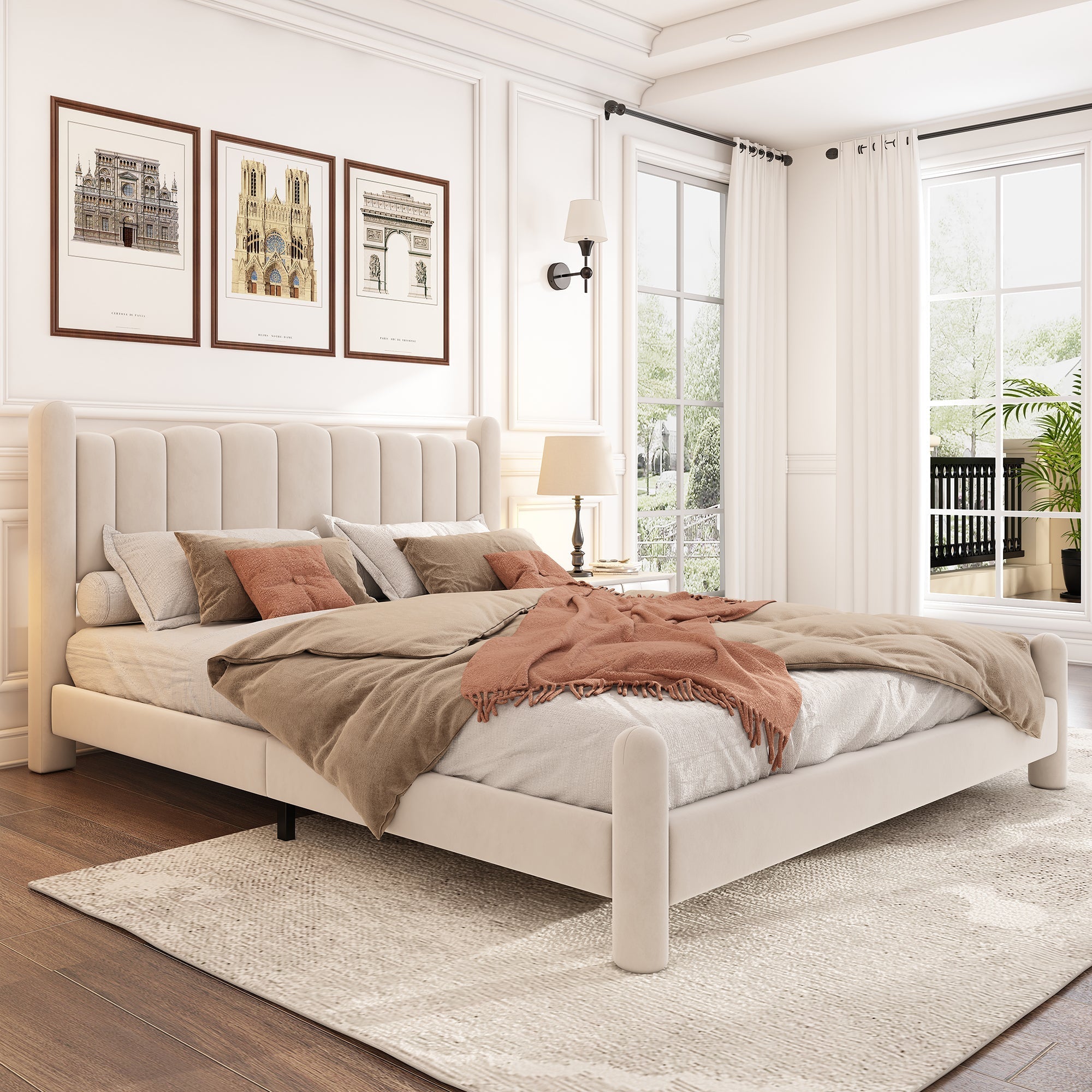 Upholstered Bed 180x200cm Slatted Base Fan-Shaped Headboard Beige Velvet
