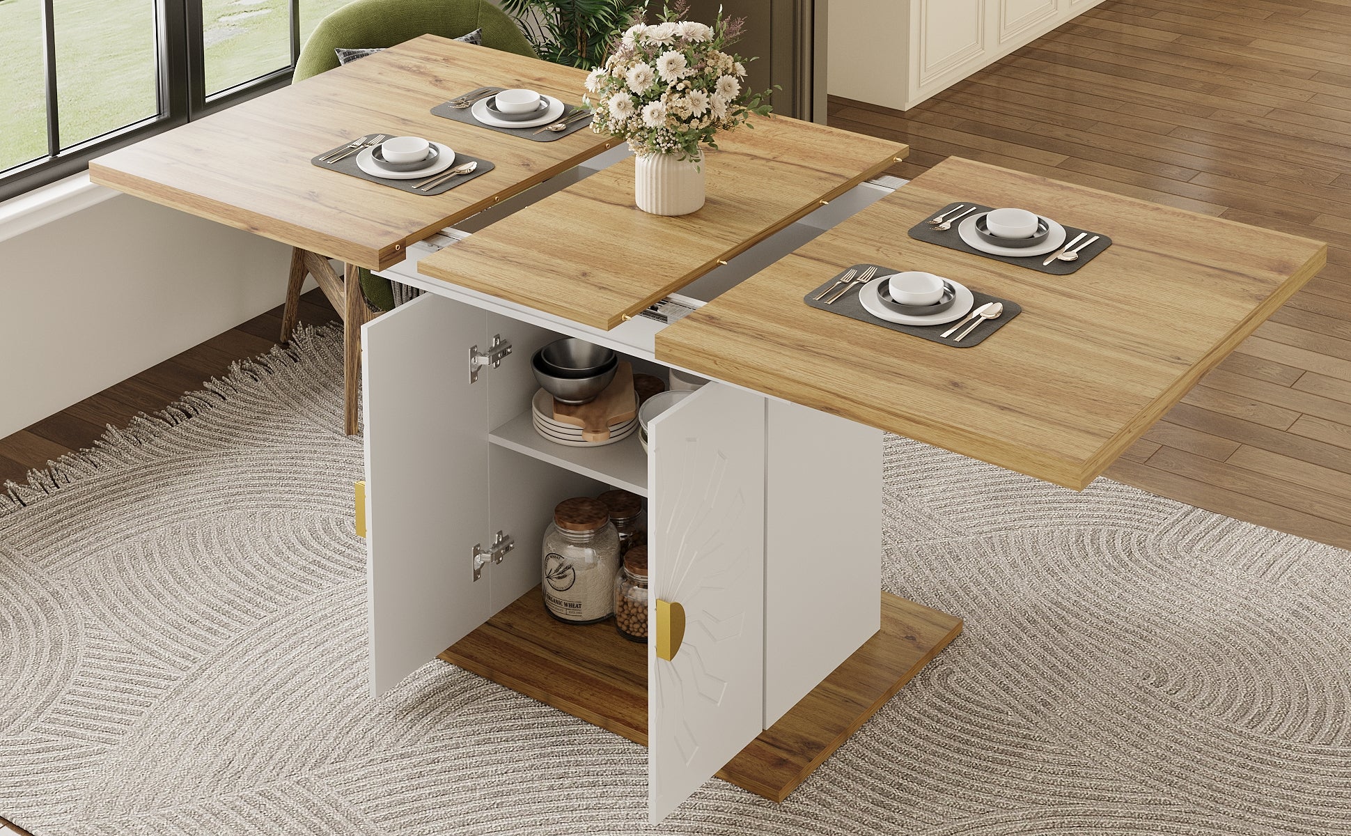 Extendable Dining Table with Storage and Sunburst Relief, Wood Veneer