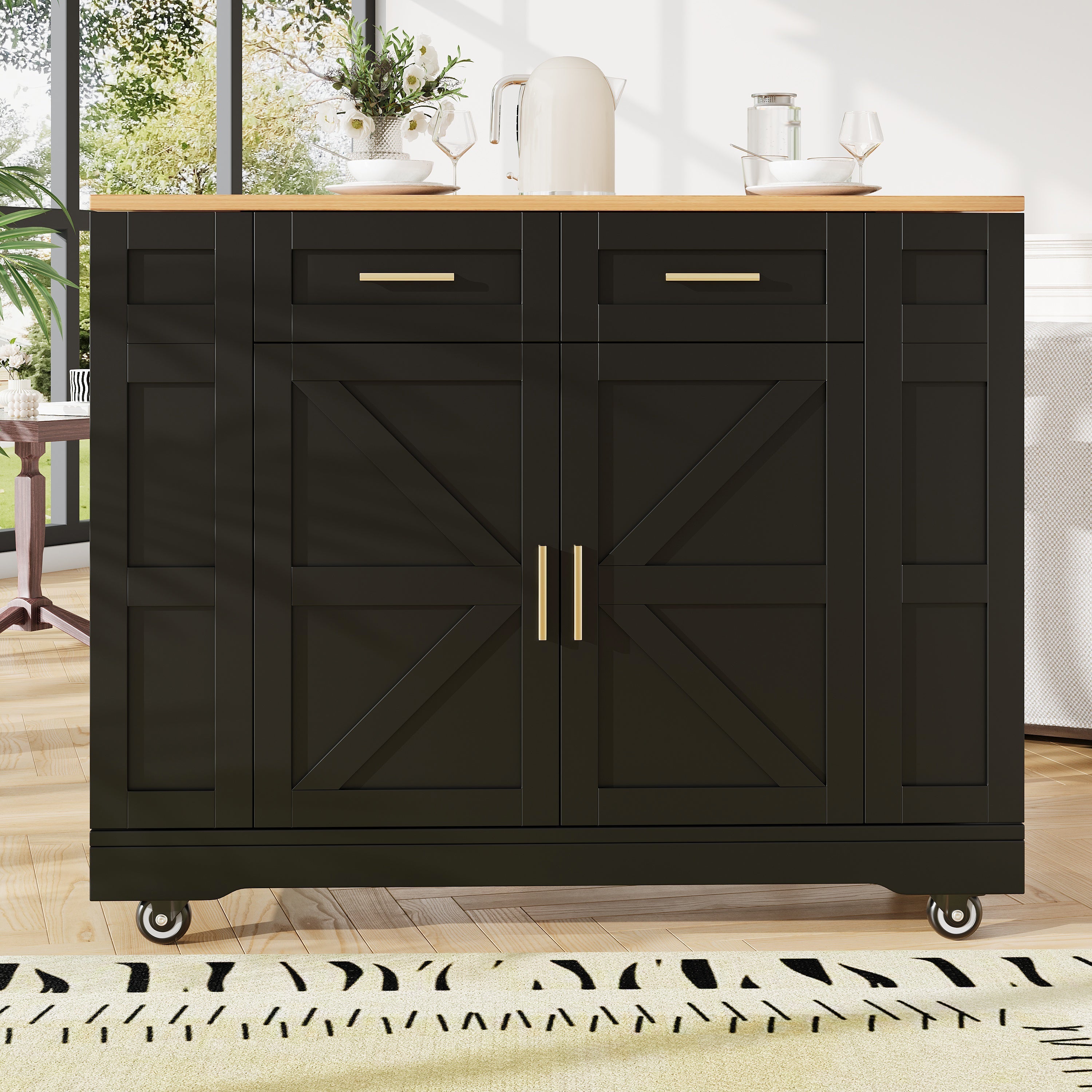 Kitchen Island on Wheels with 2 Drawers, Double-Sided Storage Racks, Foldable Worktop, Black