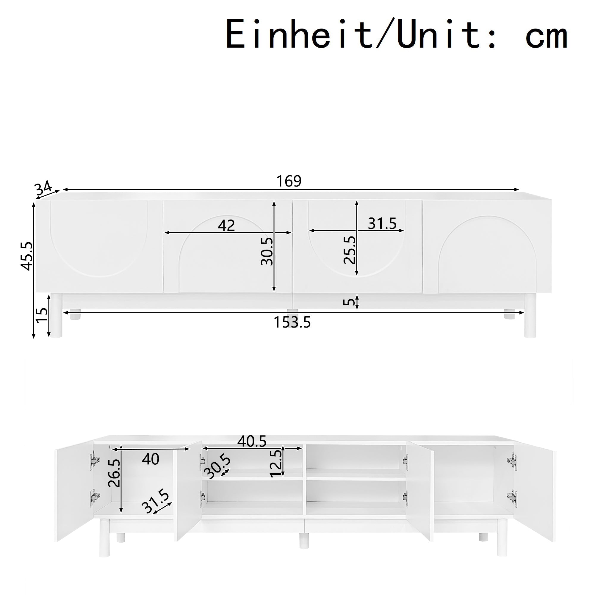 Lowboard TV Cabinet with Curved Doors, Shelves & Stabilizing Legs