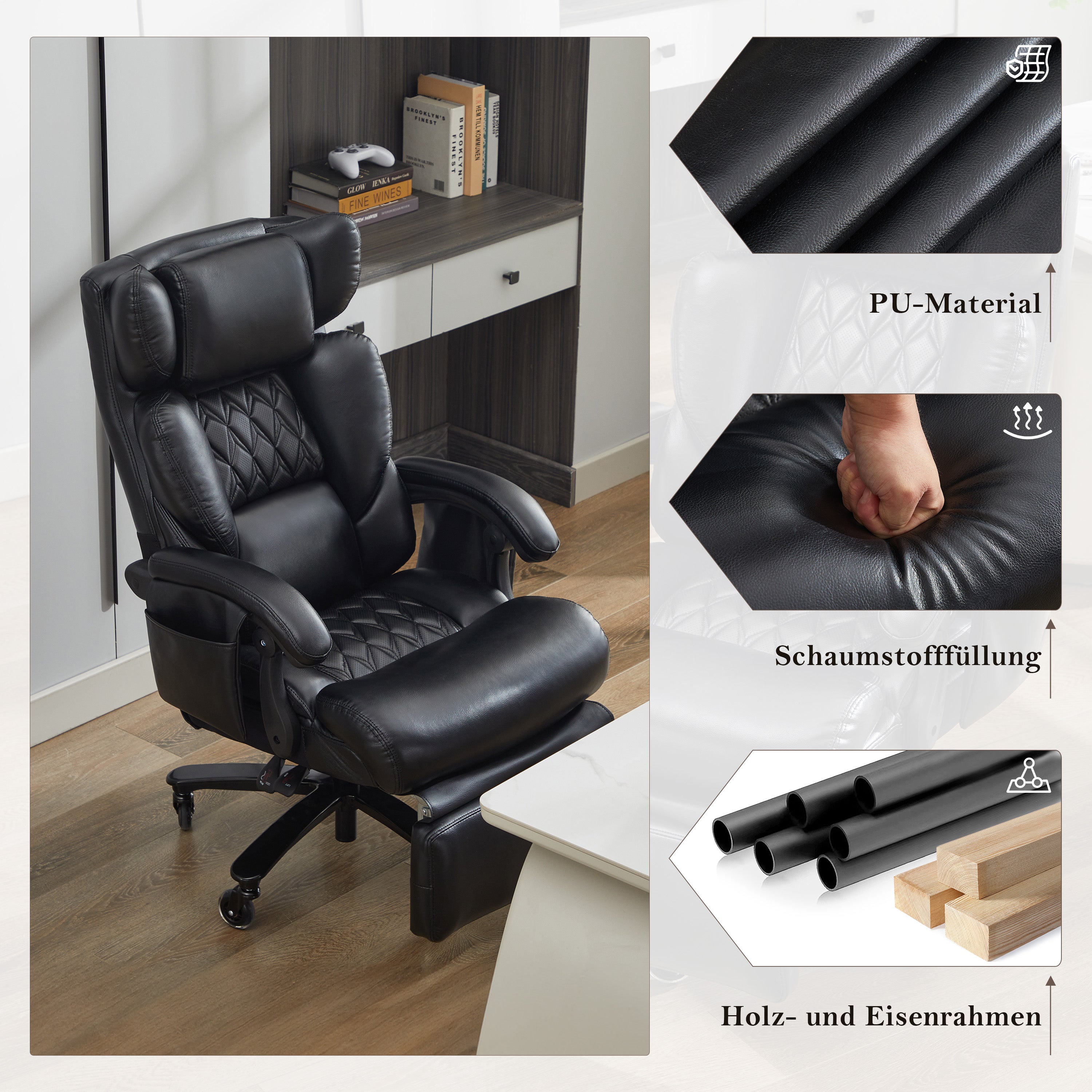 XXL Executive Office Chair - Massage Heat Footrest Adjustable Backrest 150kg - PU Leather Black