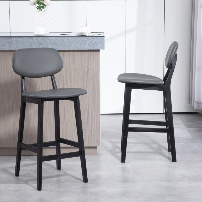 Bar Stools Set of 2, Upholstered with Backs, Footrests, and Solid Wood Legs, Dark Grey PU Leather