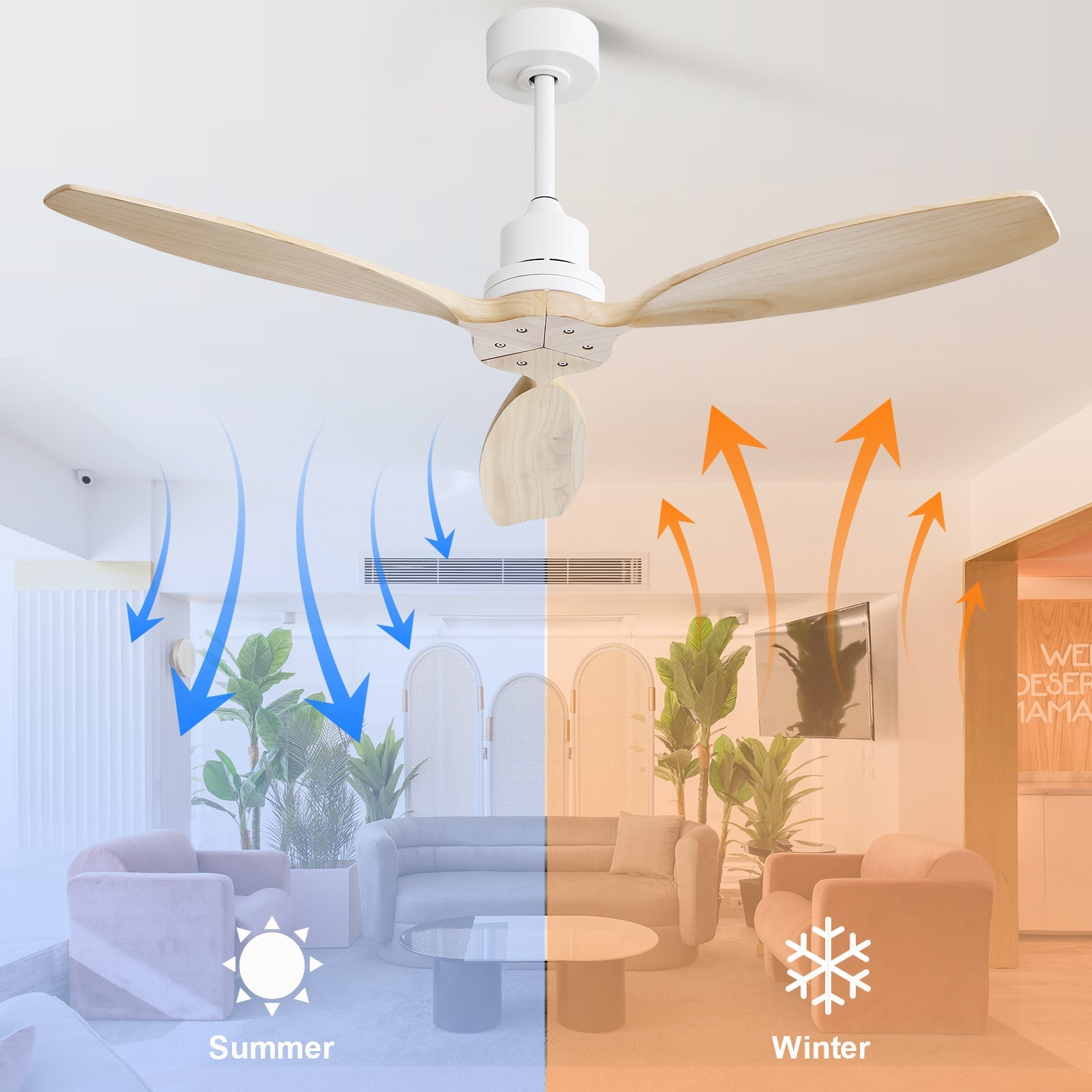 52-inch Ceiling Fan, 6 Speed Remote Control, Solid Wood Blades