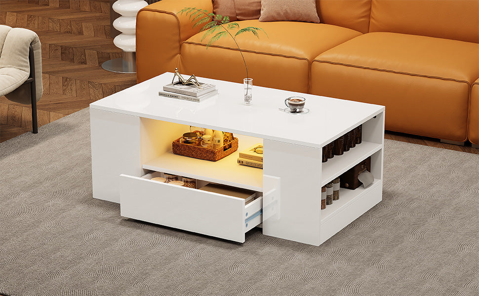 Modern High-Gloss Coffee Table with 2 Drawers and 2 Shelves, White