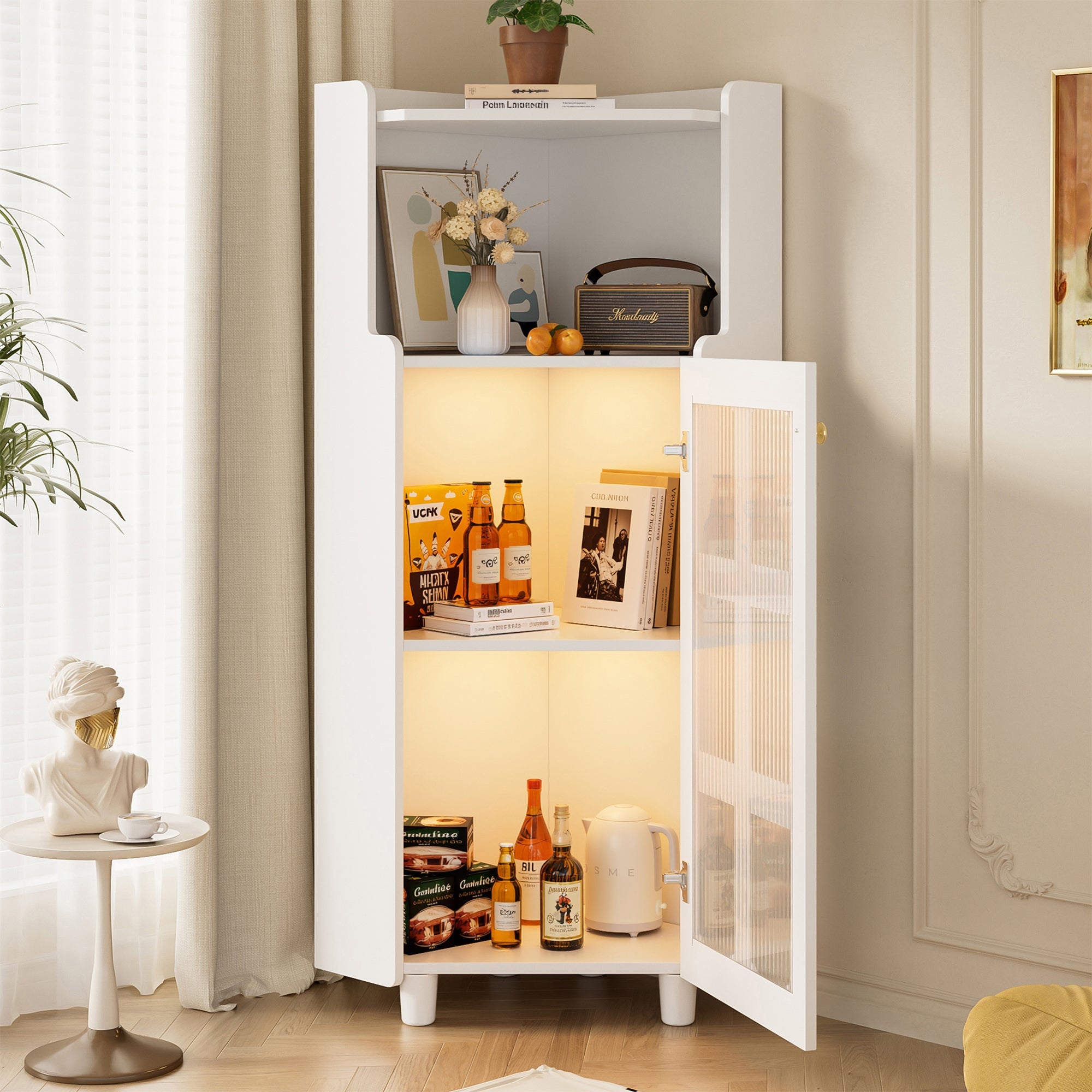 Corner Cabinet LED Lighting App Control Lacquered 63.5x124cm - White