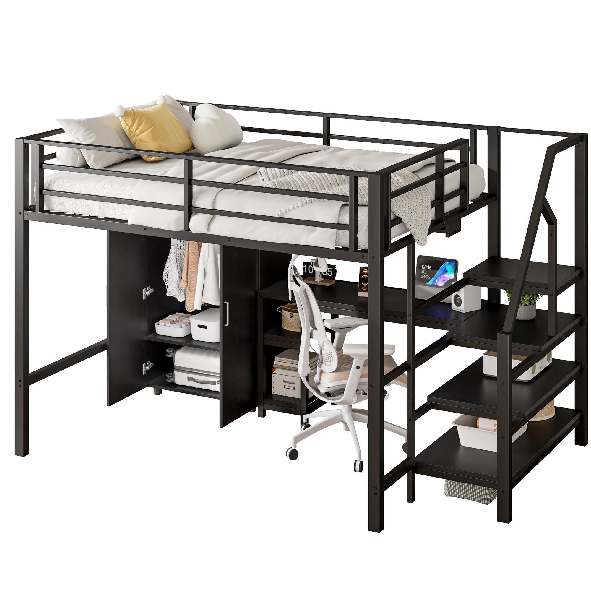 Loft Bed 140x200cm Wardrobe Shelves Storage Ladder Desk, Black