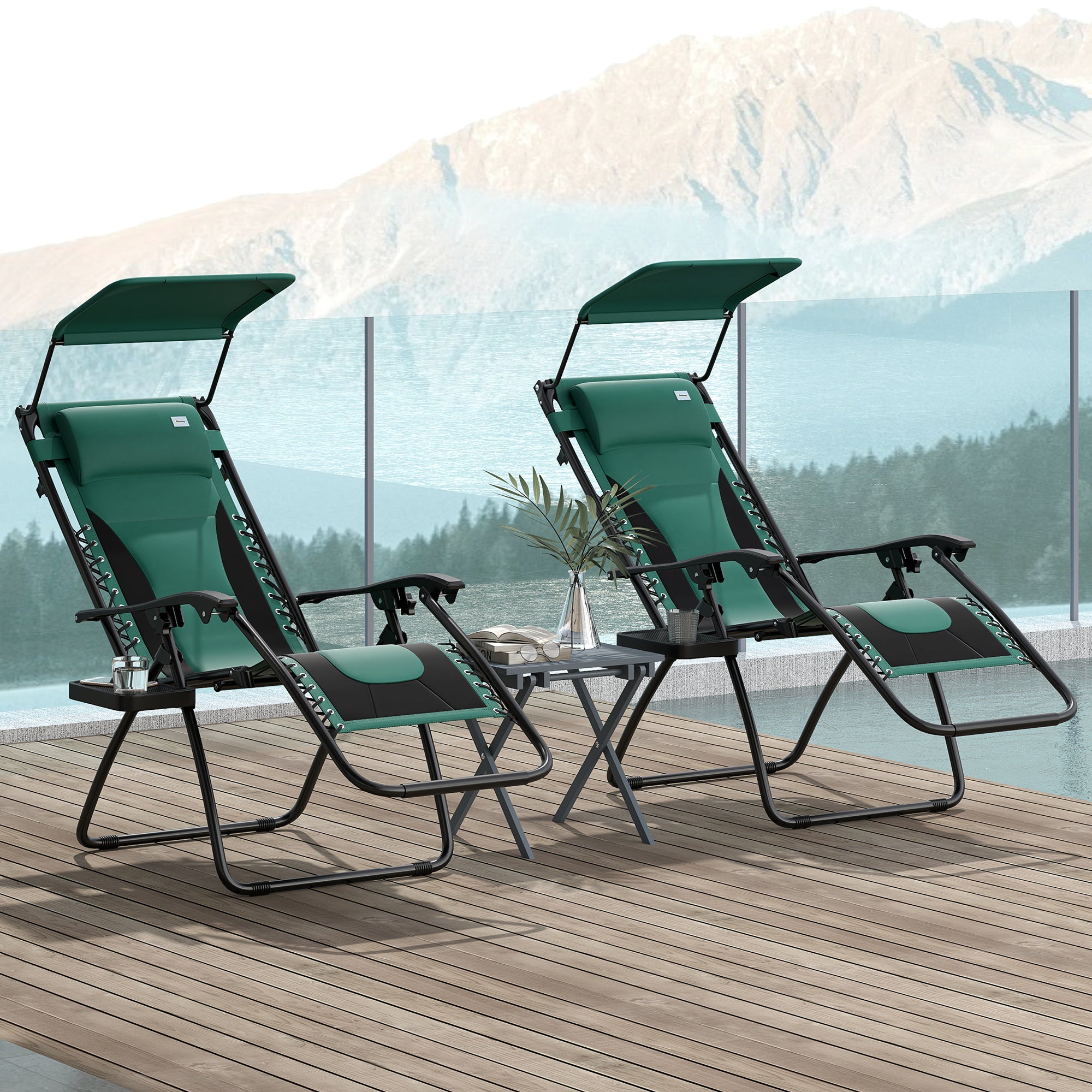 Zero Gravity Lounger Chair Set of 2, Folding Recliner with Shade Cover & Cup Holder, Green