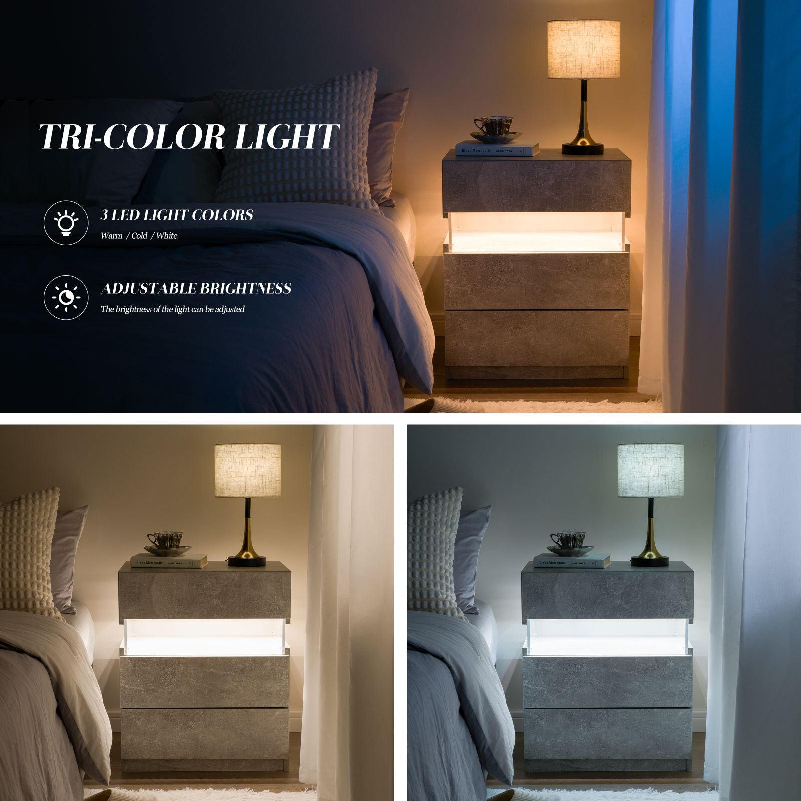 LED Nightstands: Acrylic Board, End Table with 3 Drawer Dresser (Gray)