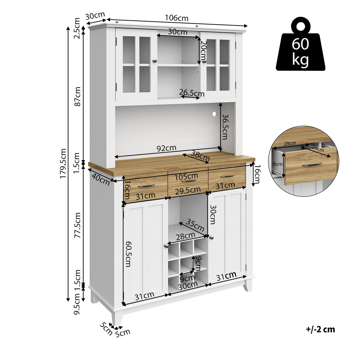 Tall Kitchen Buffet Display Cabinet Adjustable Shelves LED Lighting Wood-Colored Drawers
