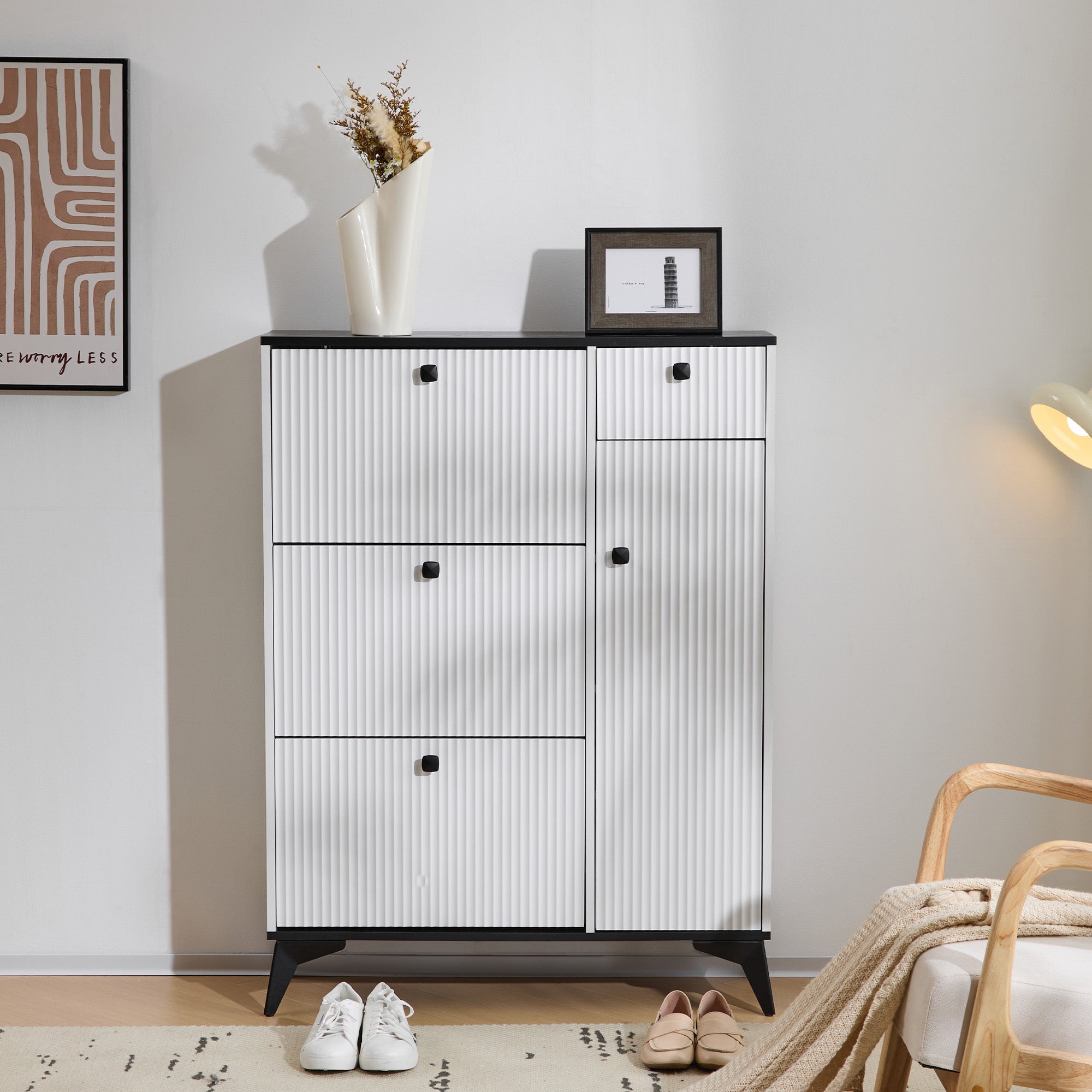 Shoe cabinet with 3 flaps, 1 drawer, 1 door, white