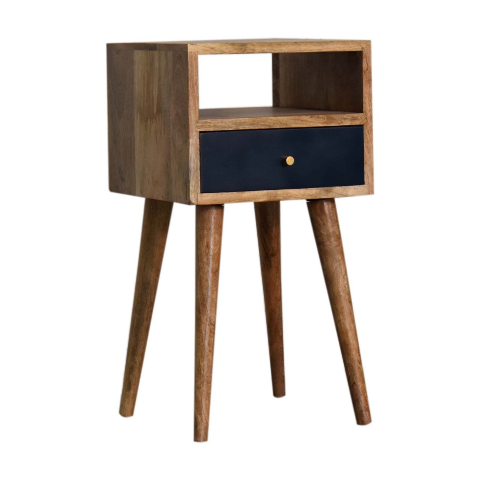 Solid Wood Bedside, Mini 1 Drawer Open Shelf, Navy Blue Hand Painted Light Brown