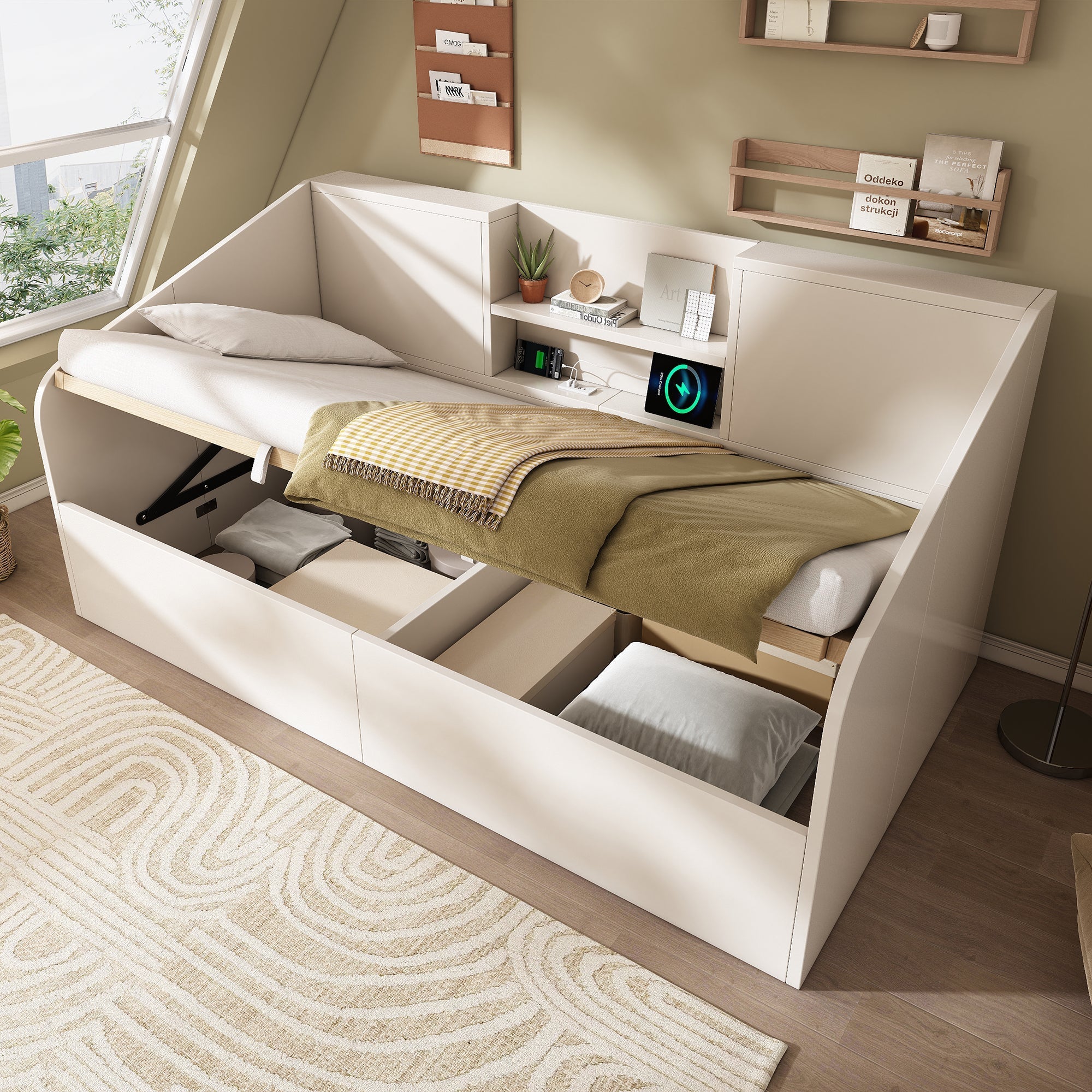 Daybed 90x200cm Hydraulic Storage USB/Type-C Charging - White Wood