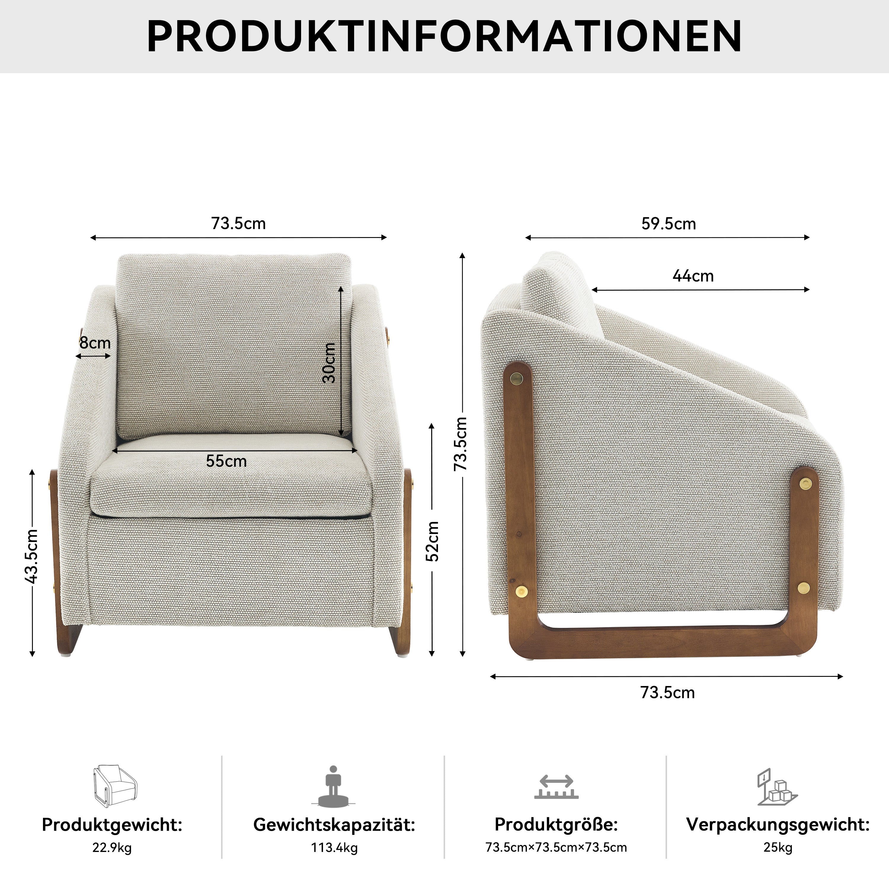057 Armchair, Living Room Accent Lounge Chair with Wooden Armrests & Back Cushion, Beige Chenille Fabric