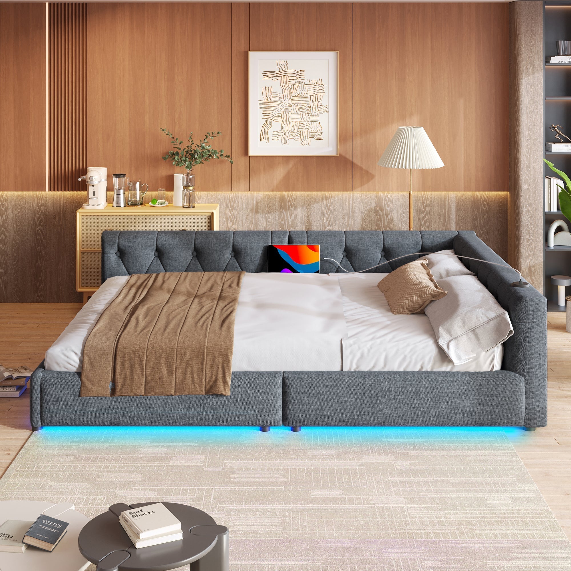 Daybed Sofa Bed 140x200cm LED USB/Type-C Button Tufted - Linen Grey