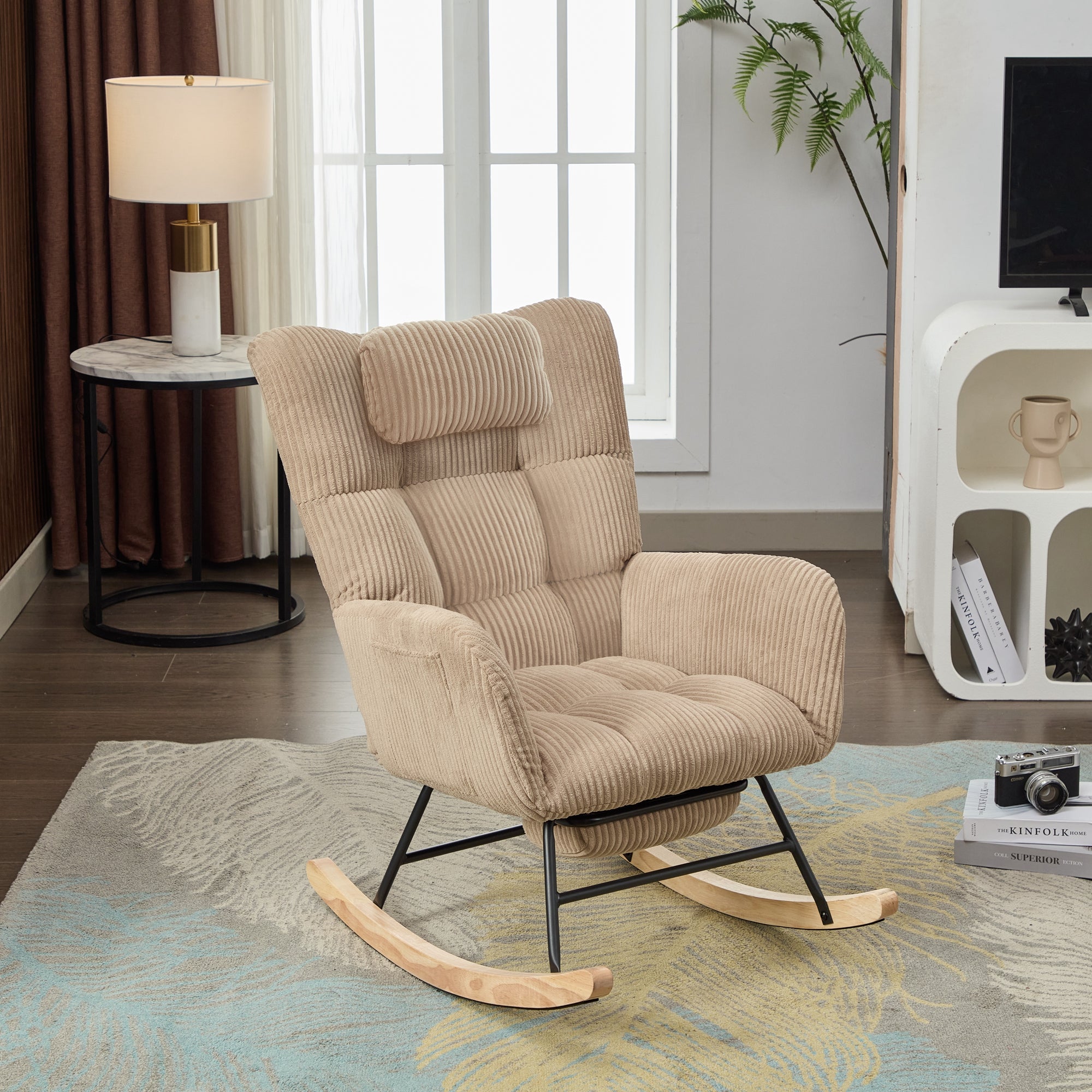Rocking Chair, Modern Upholstered High Back with Neck Pillow, Brown Fabric