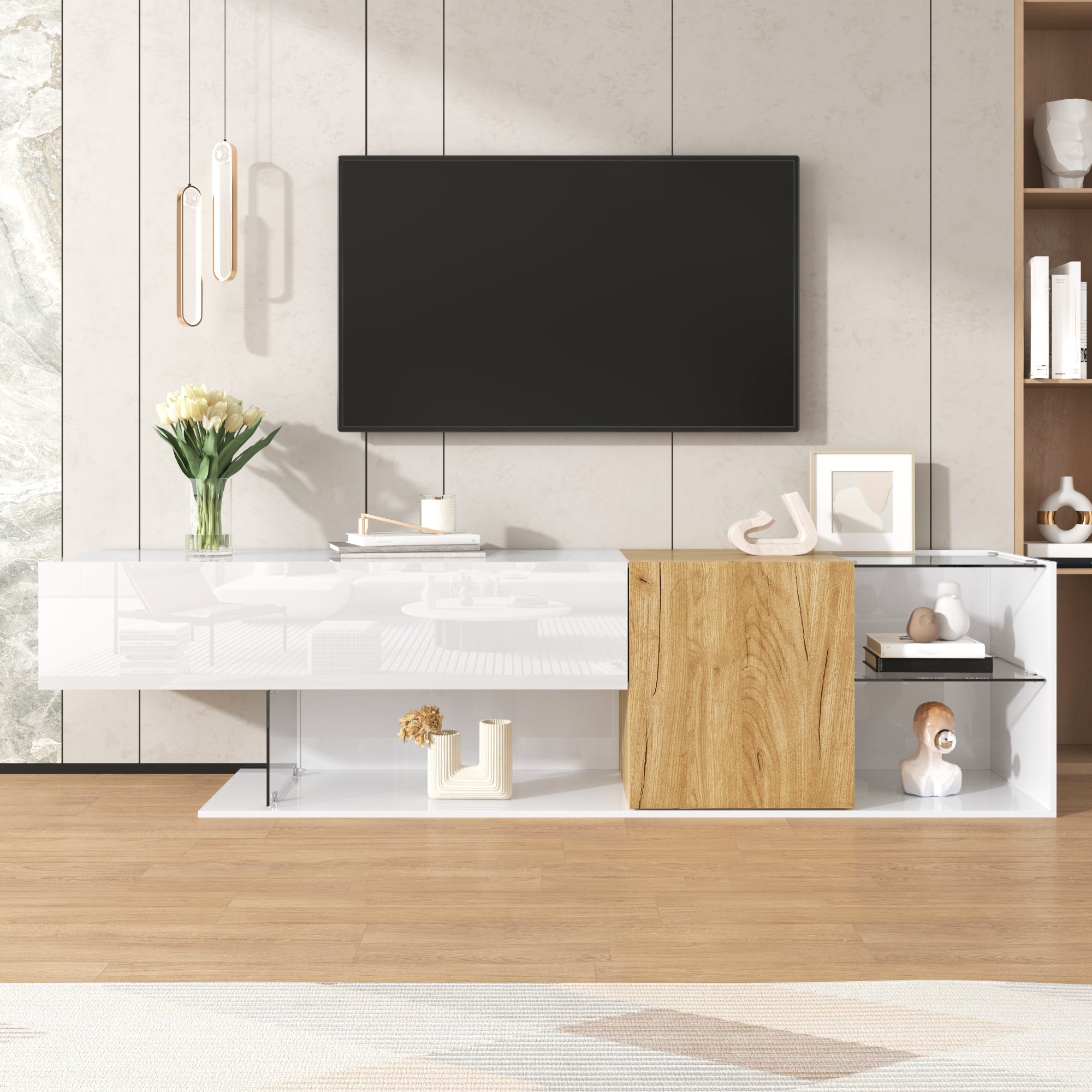 TV Cabinet, Modern High-Gloss with Glass Shelves, White Wood