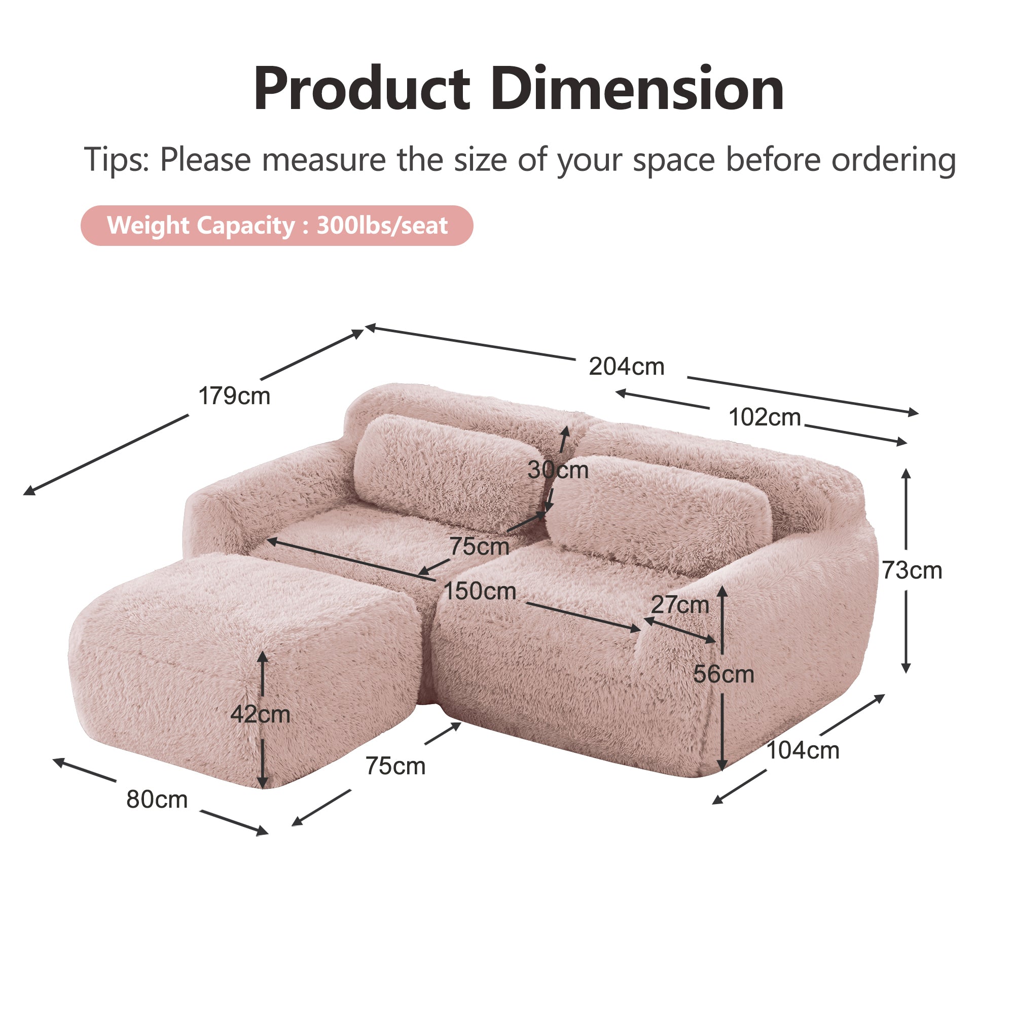 L-Shaped 2-Seater Sofa Modular Plush Fabric No Assembly - Pink