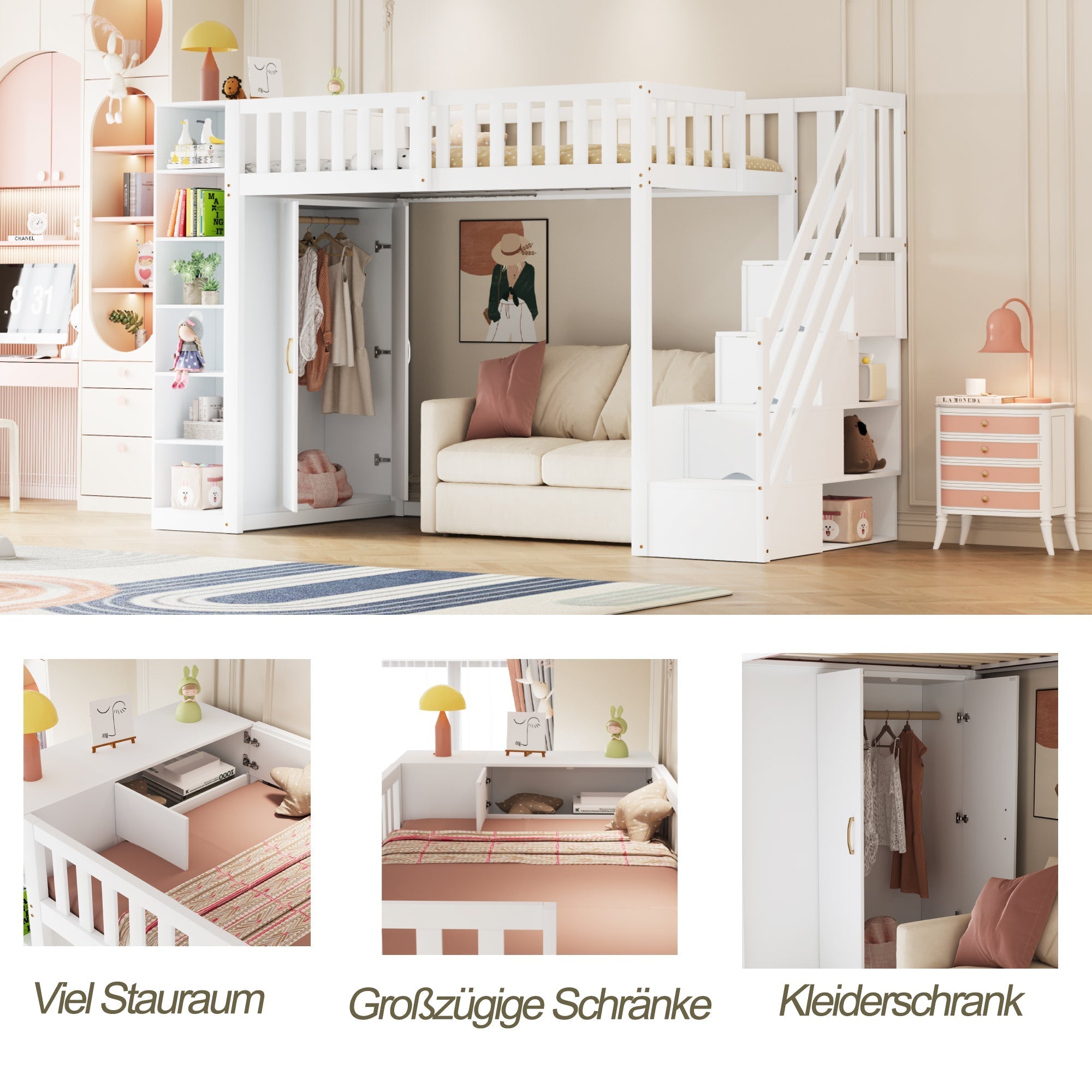 Loft Bed with Storage Stairs, Shelves and Wardrobe, Solid Wood White and Wood Color