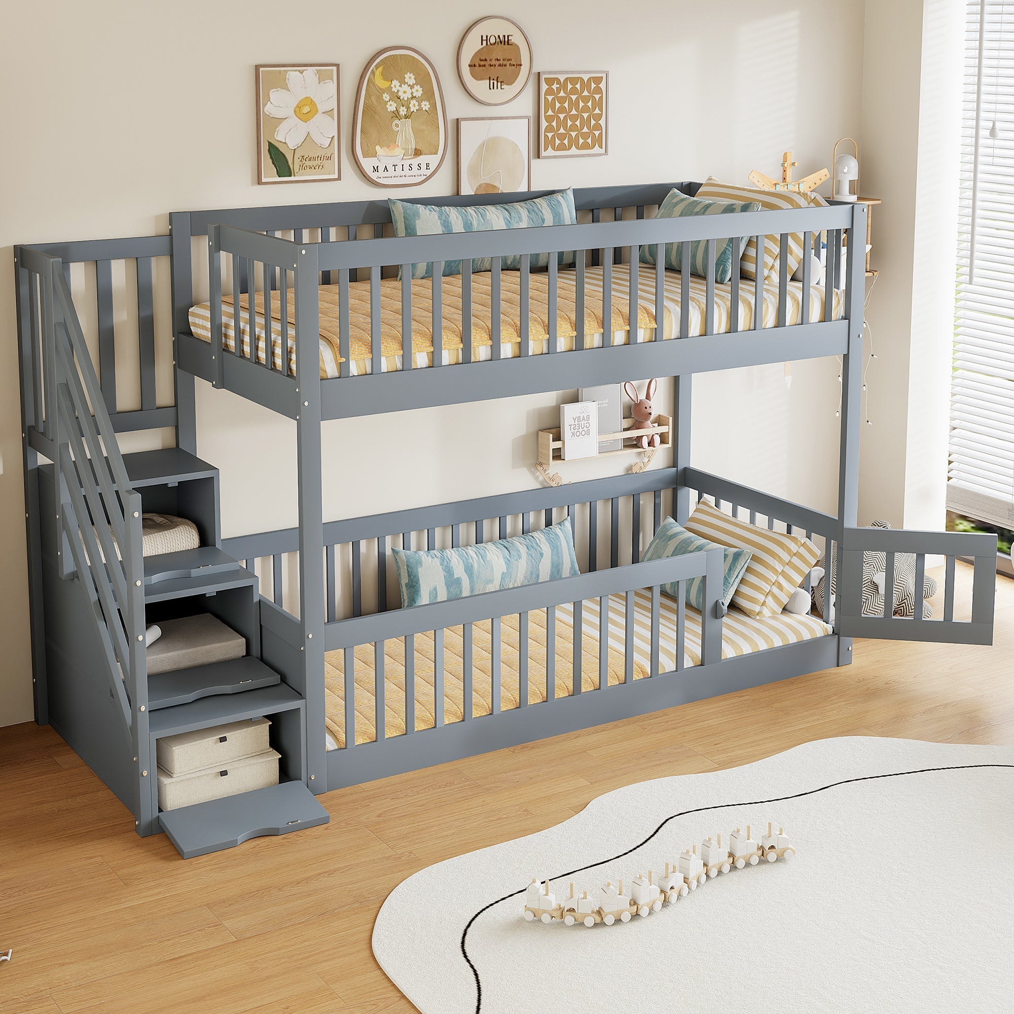 Bunk Bed 90x200 Safety Stairs Drawers Storage, Grey Wooden