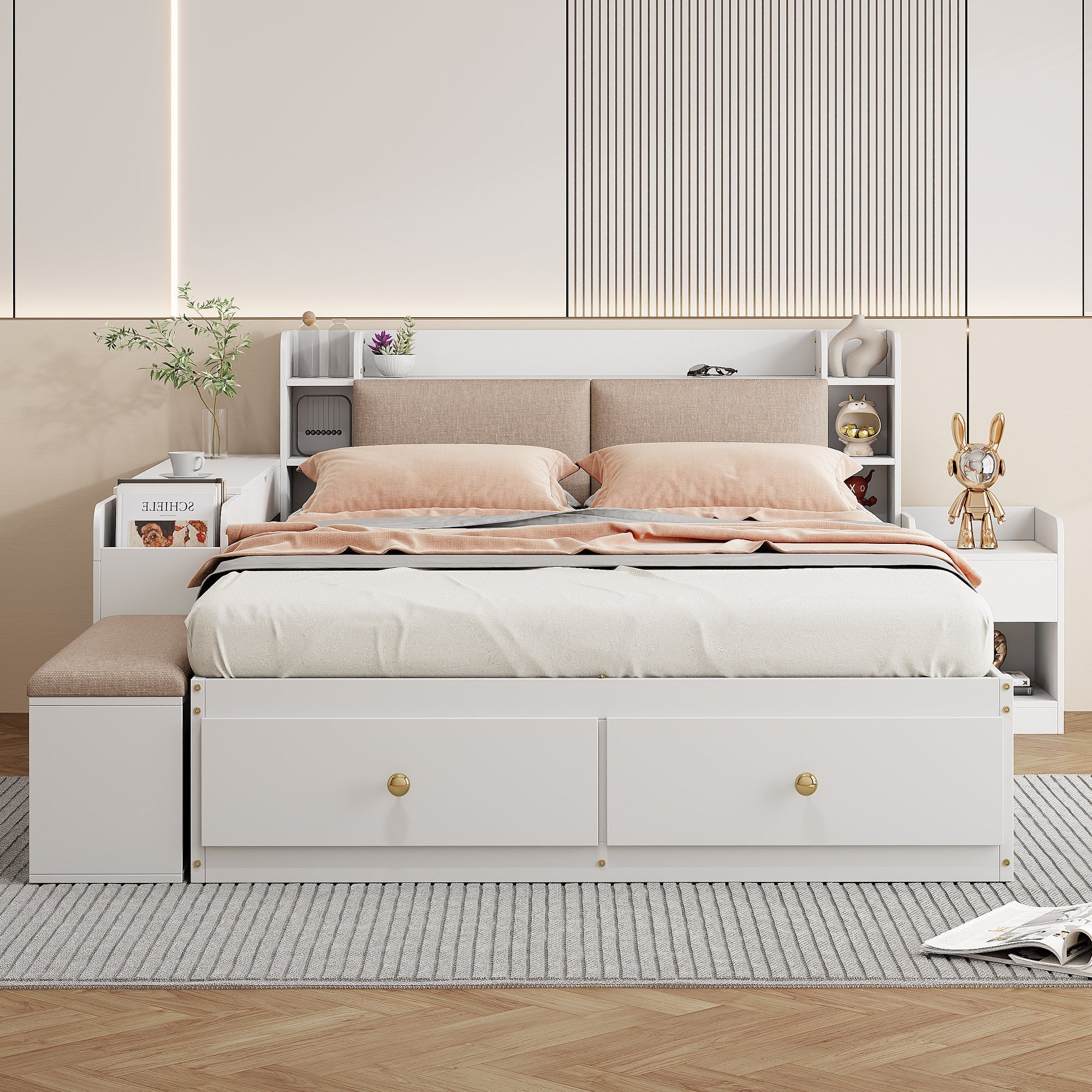 Combo Bed 140*200cm, Storage Headboard with Drawers & Sofa Bench, Solid Wood White