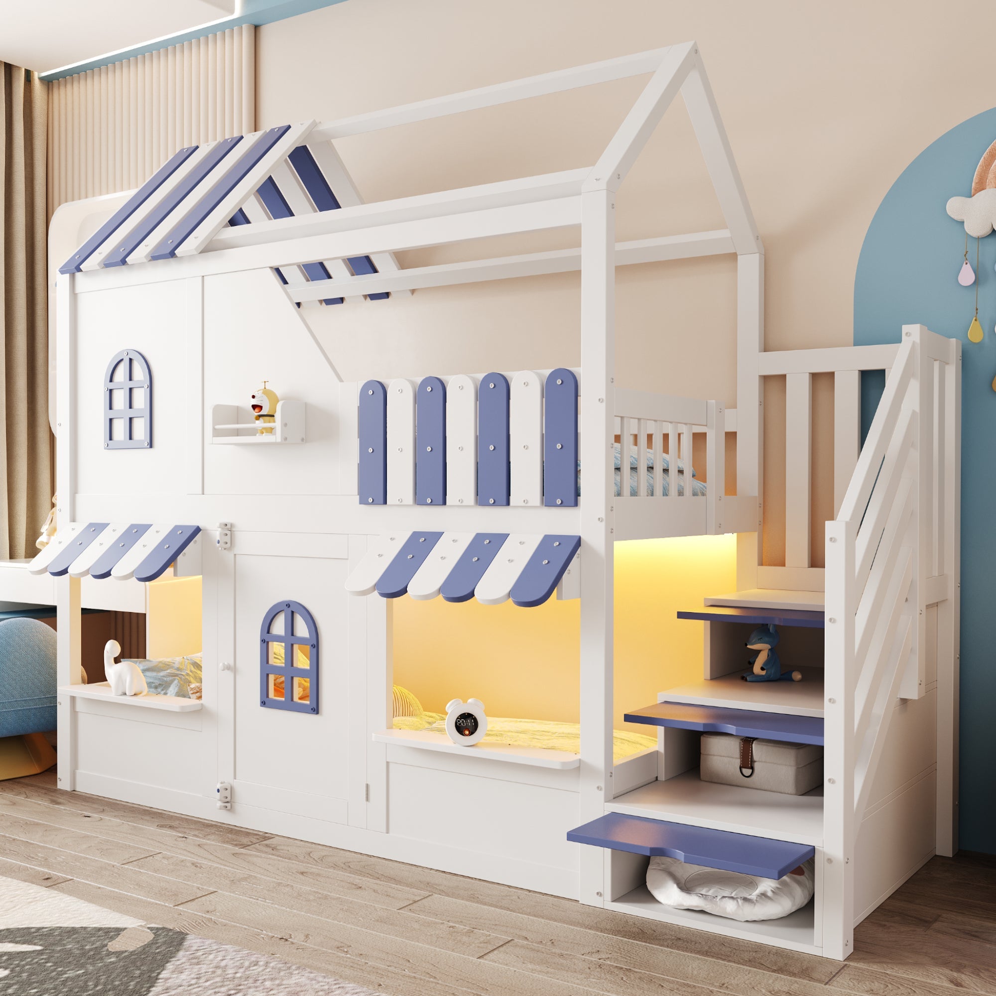 Children's Bunk Bed with House-Shaped Design, Storage Ladder, LED and Shelves, 90x200cm, White + Blue